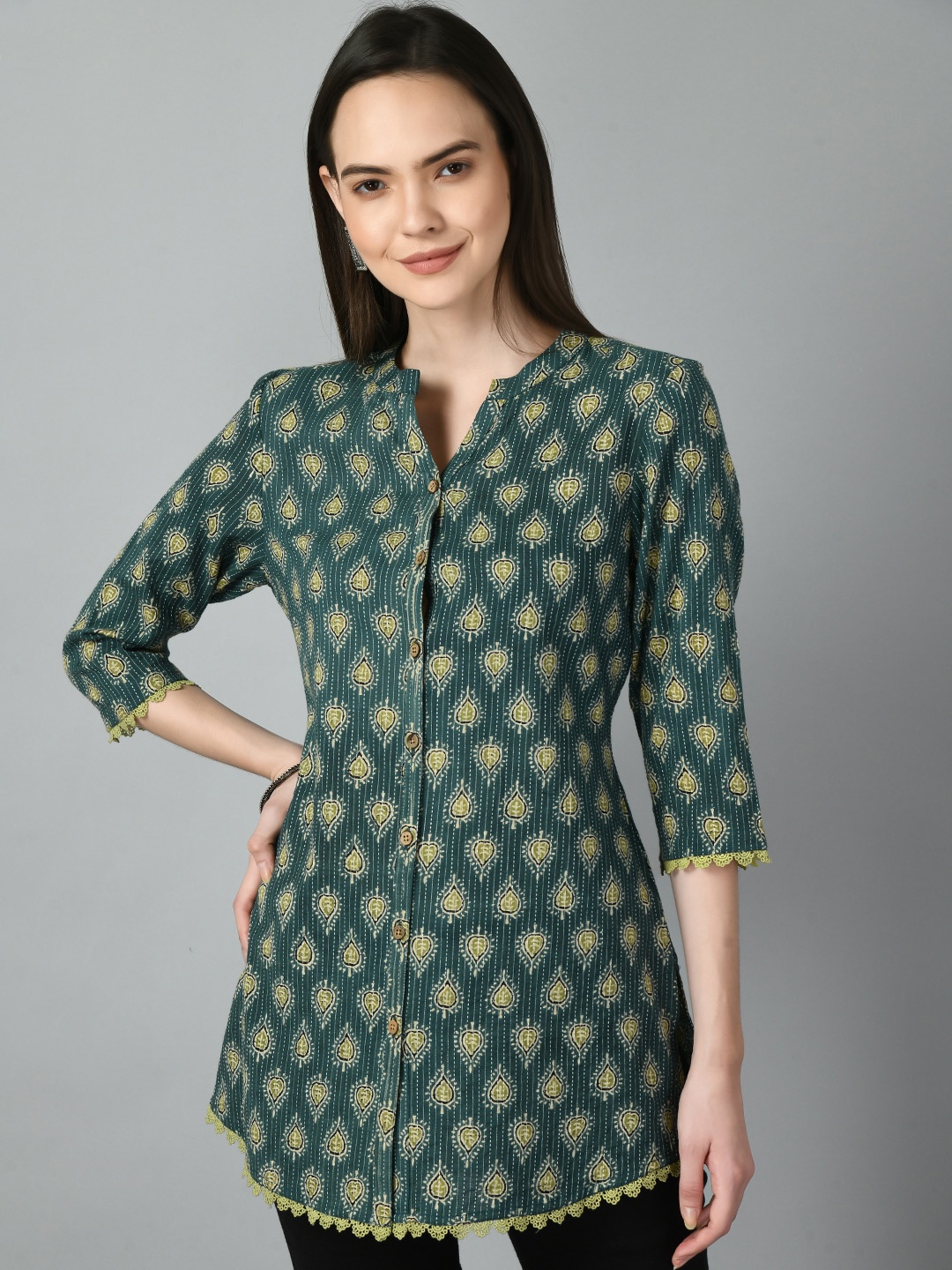 

MEESAN Printed Straight Kurti, Green