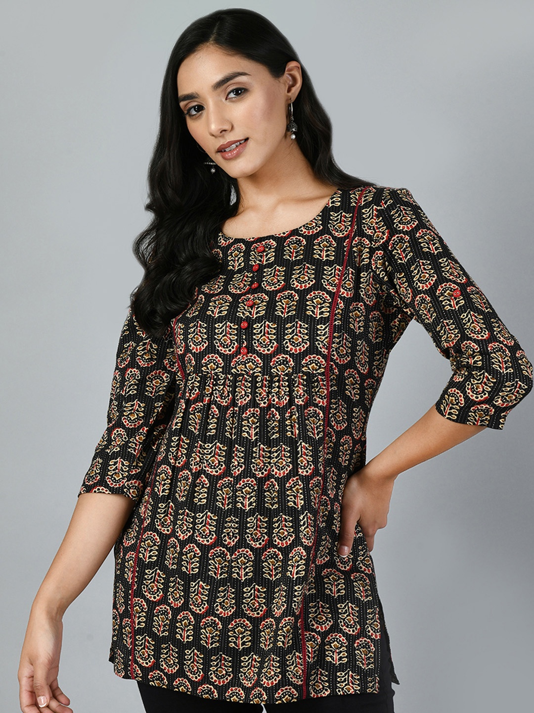 

MEESAN Printed Straight Kurti, Black