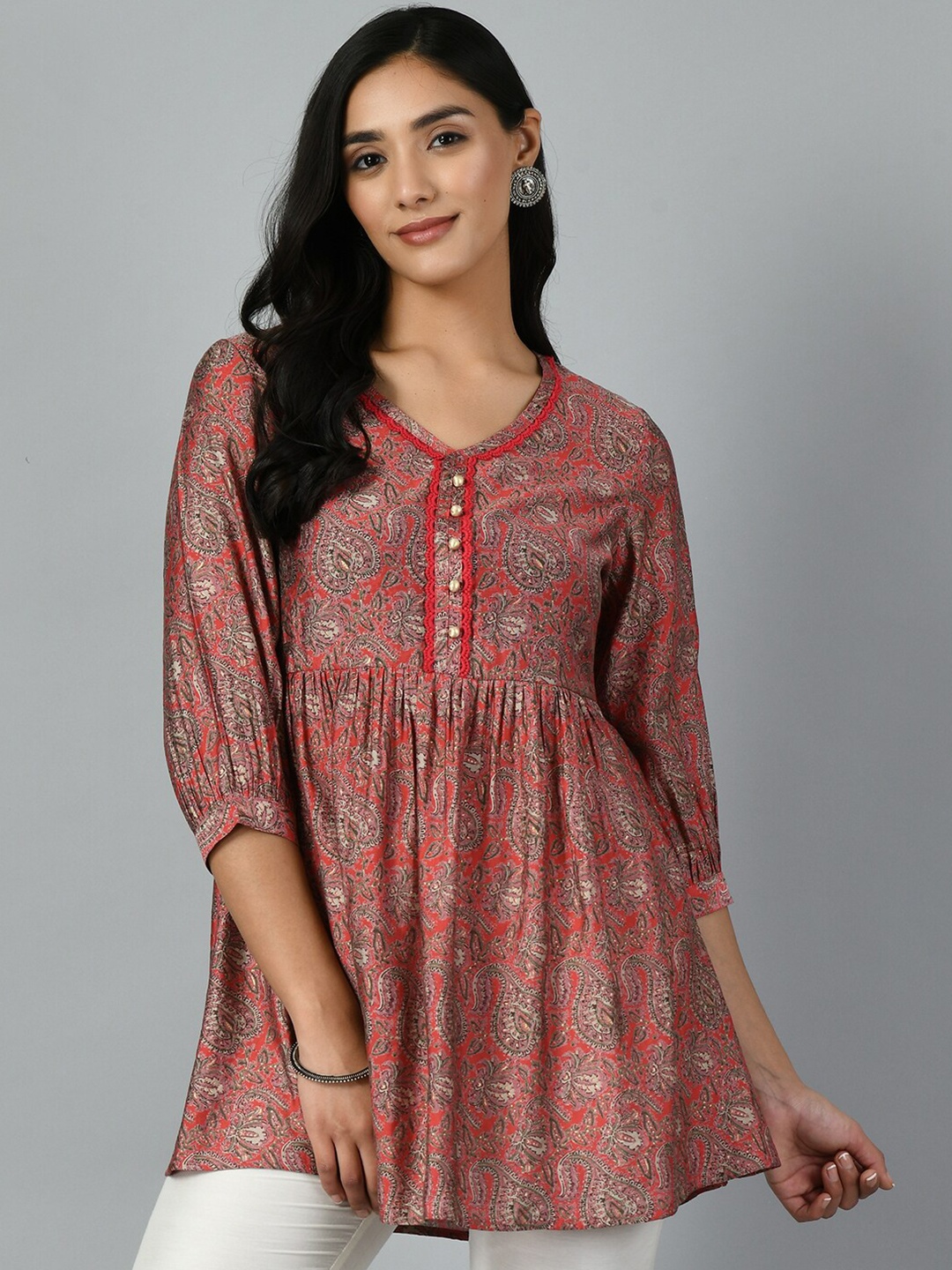 

MEESAN Ethnic Motifs V-Neck Puff Sleeve Pleated Modal Tunic, Red