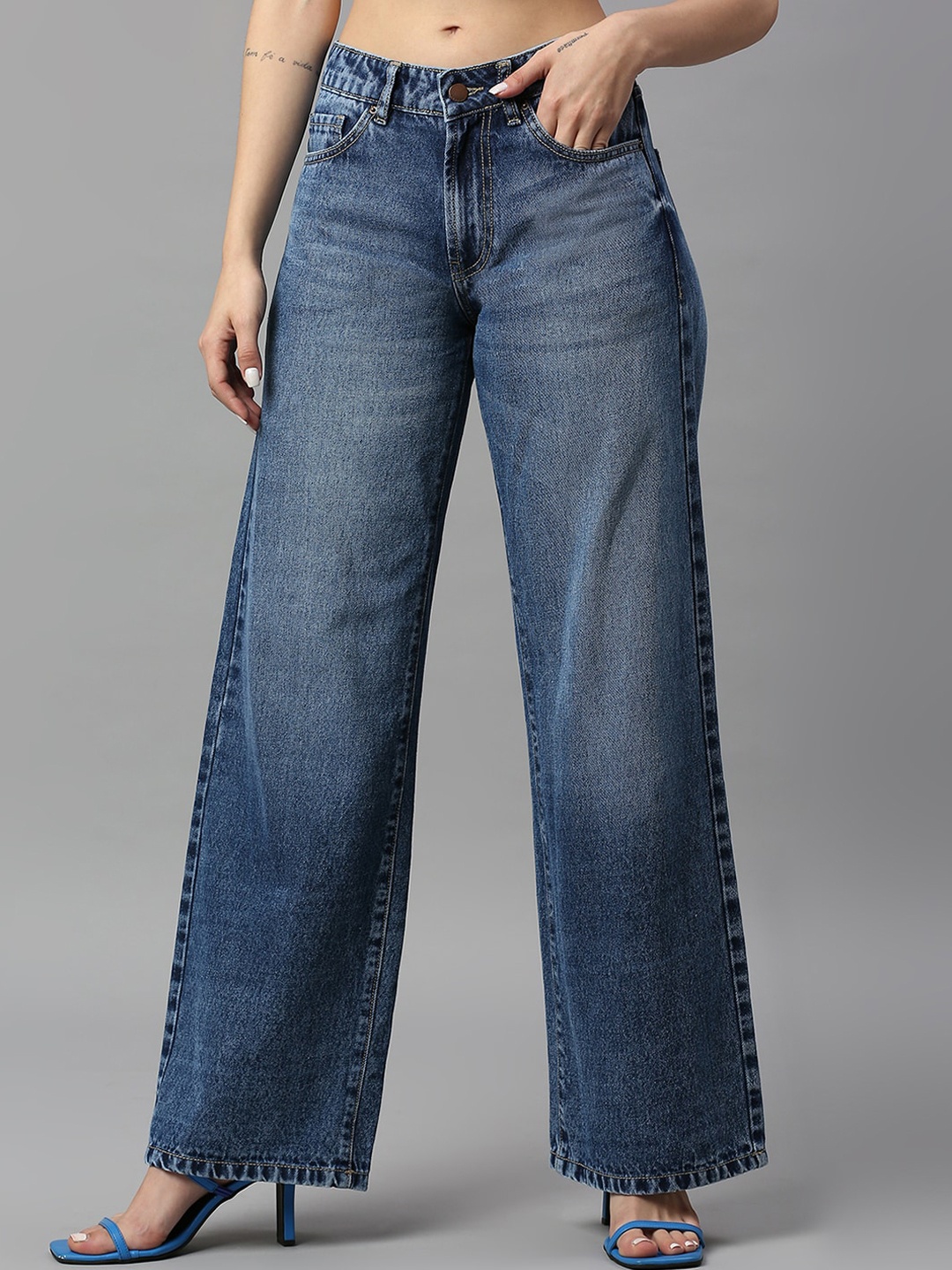 

TARAMA Women Wide Leg High-Rise Heavy Fade Cotton Jeans, Blue