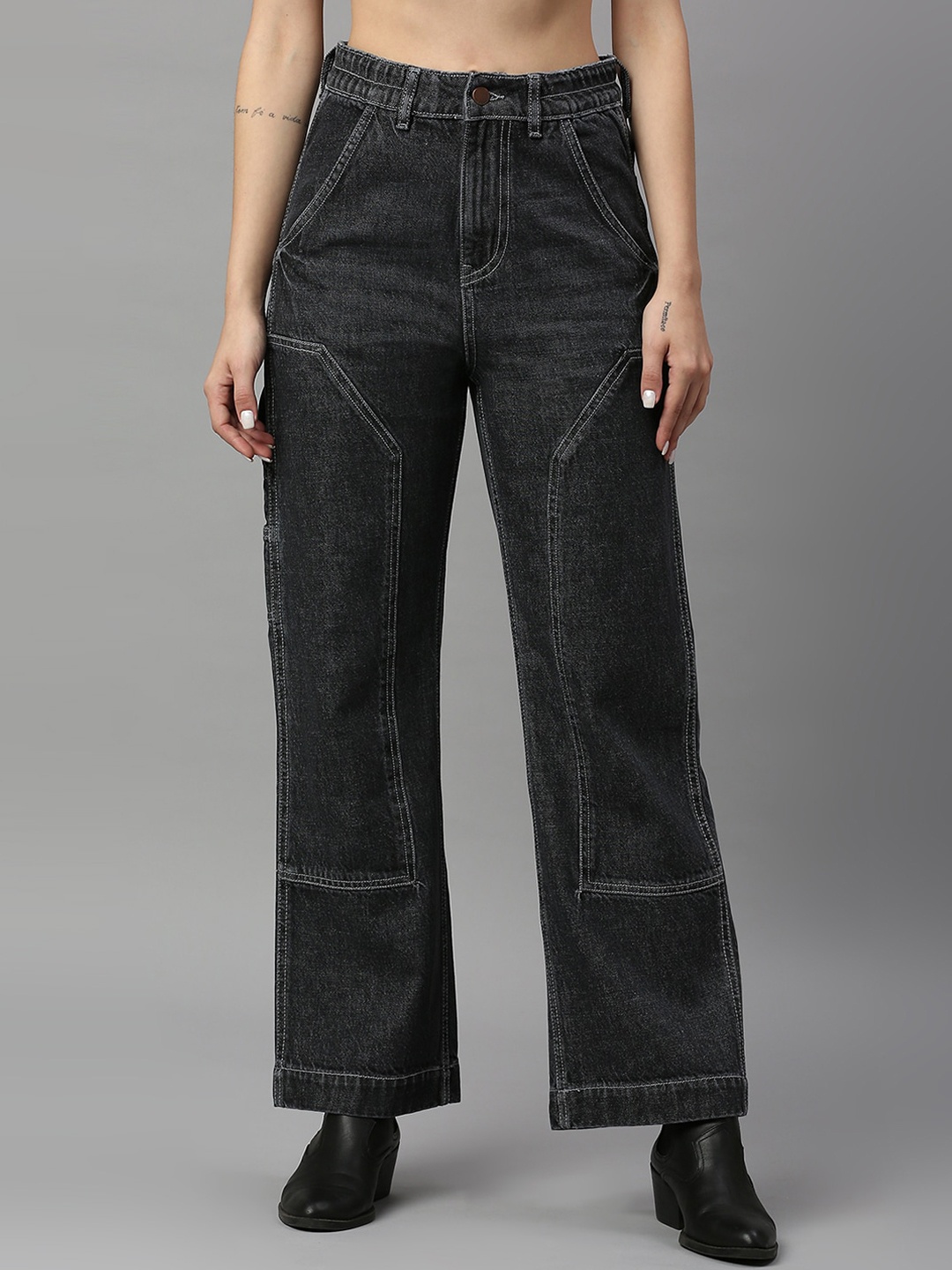

TARAMA Women Straight Fit High-Rise Clean Look Light Fade Pure Cotton Jeans, Charcoal