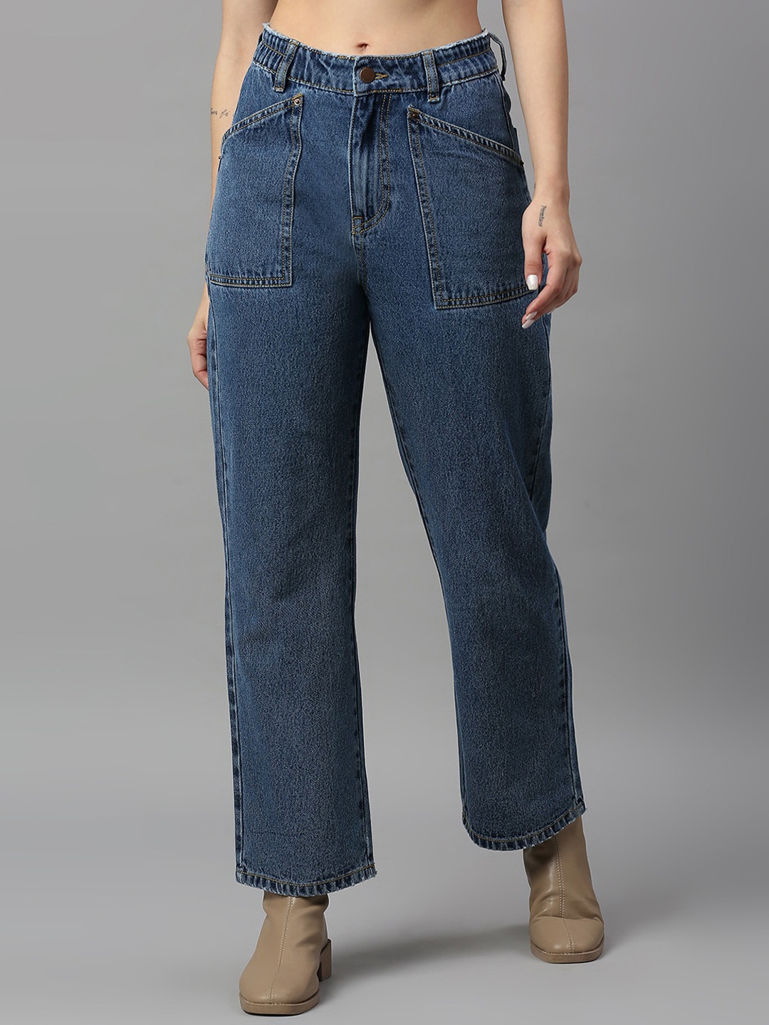 

TARAMA Women Mom Fit Clean Look High-Rise Pure Cotton Jeans, Blue