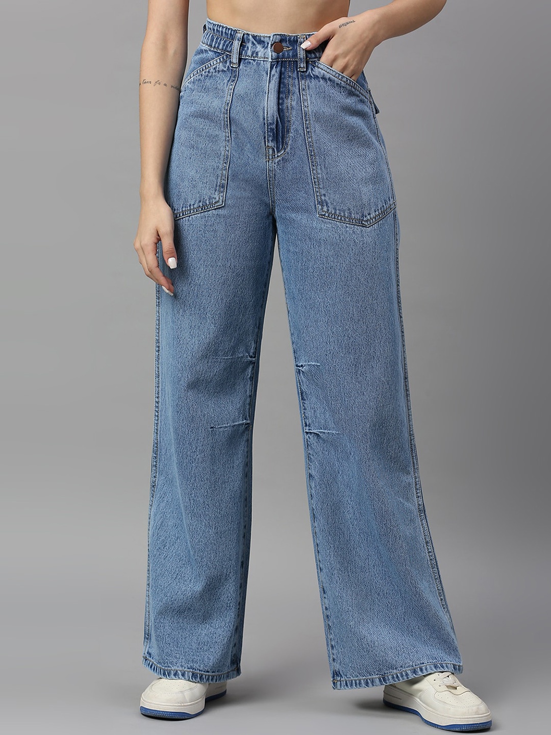 

TARAMA Women Wide Leg Clean Look High-Rise Pure Cotton Jeans, Blue