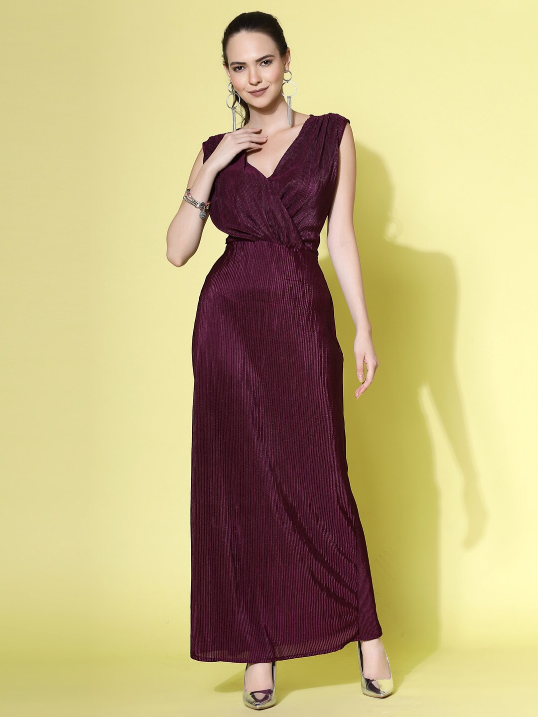 

Molly & Michel V-Neck Self Design Sleeveless Satin Maxi Dress, Burgundy