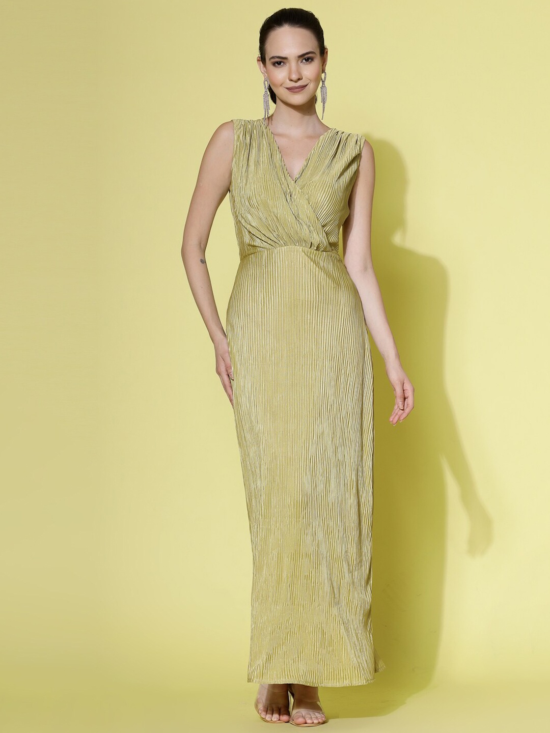 

Molly & Michel V-Neck Self Design Sleeveless Satin Maxi Dress, Green