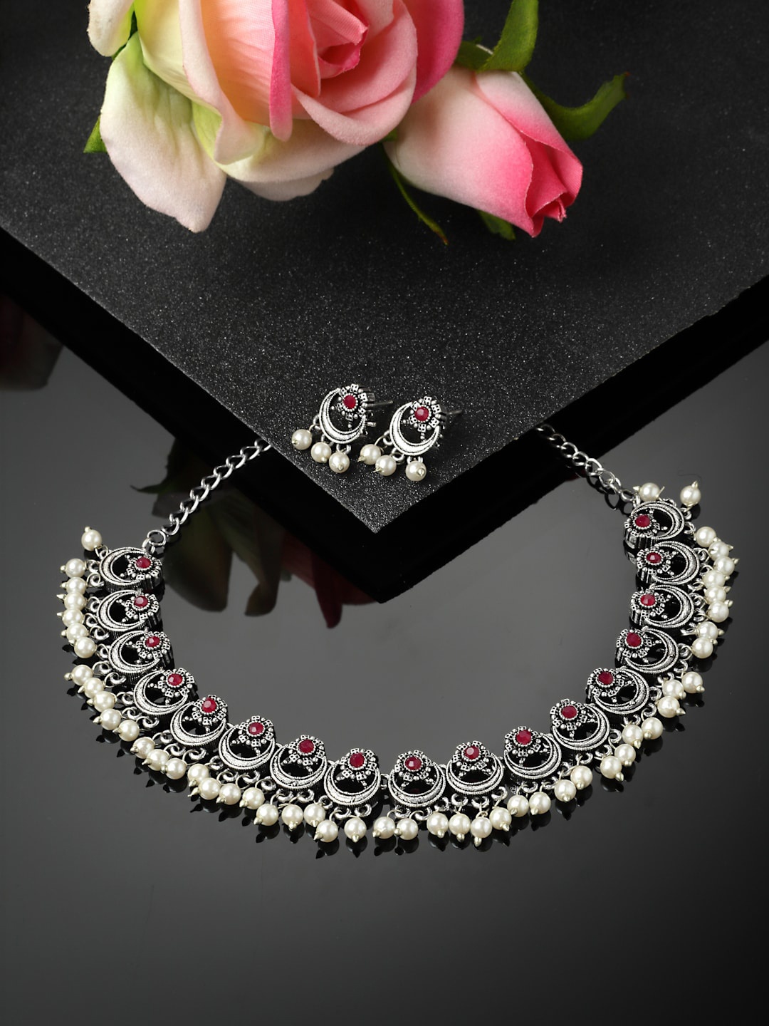 

PANASH Silver-Plated Stone-Studded & Pearl-Beaded Necklace And Earrings