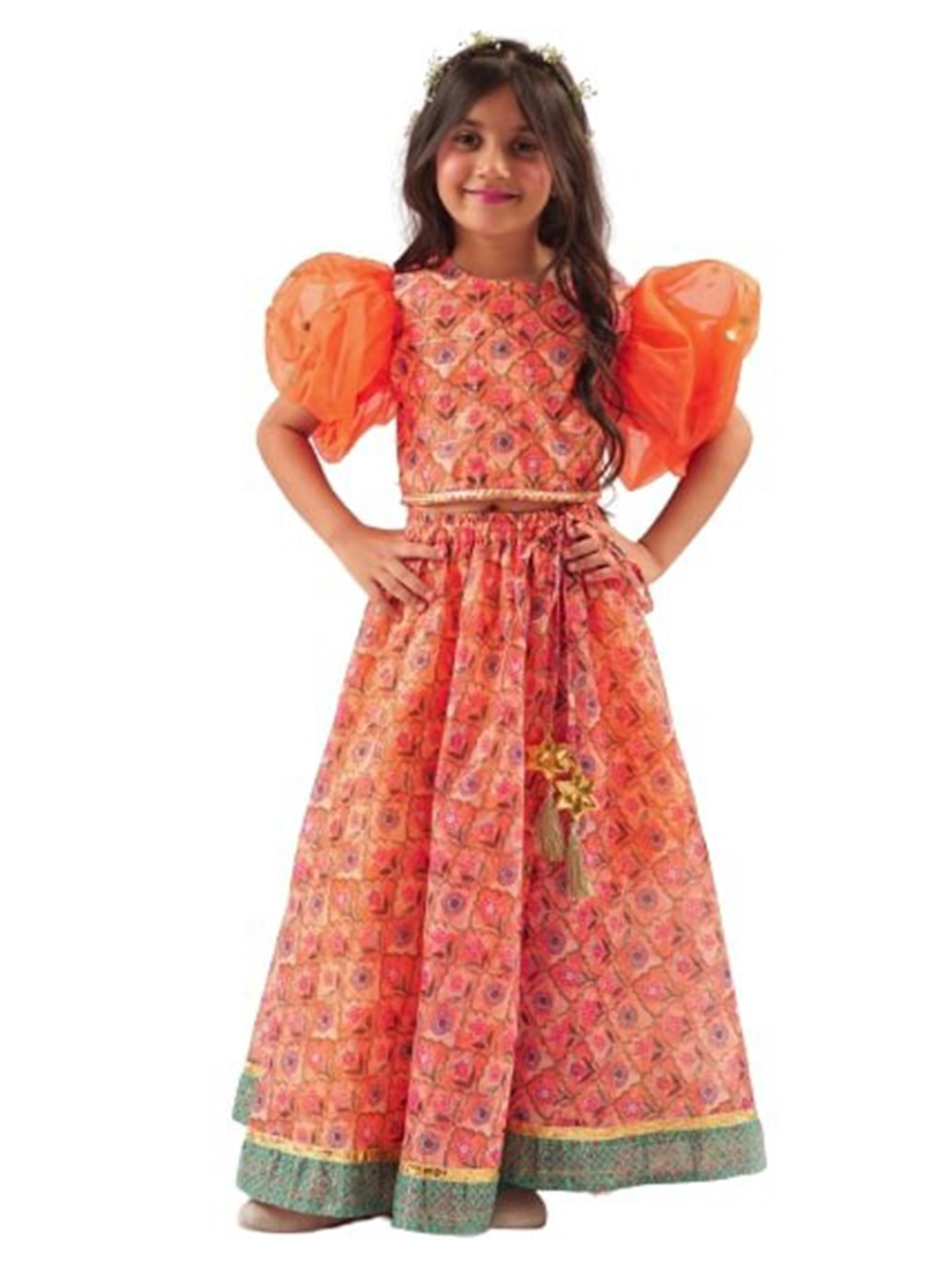 

LIL DRAMA Girls Floral Printed Ready To Wear Lehenga With Blouse & Dupatta, Orange