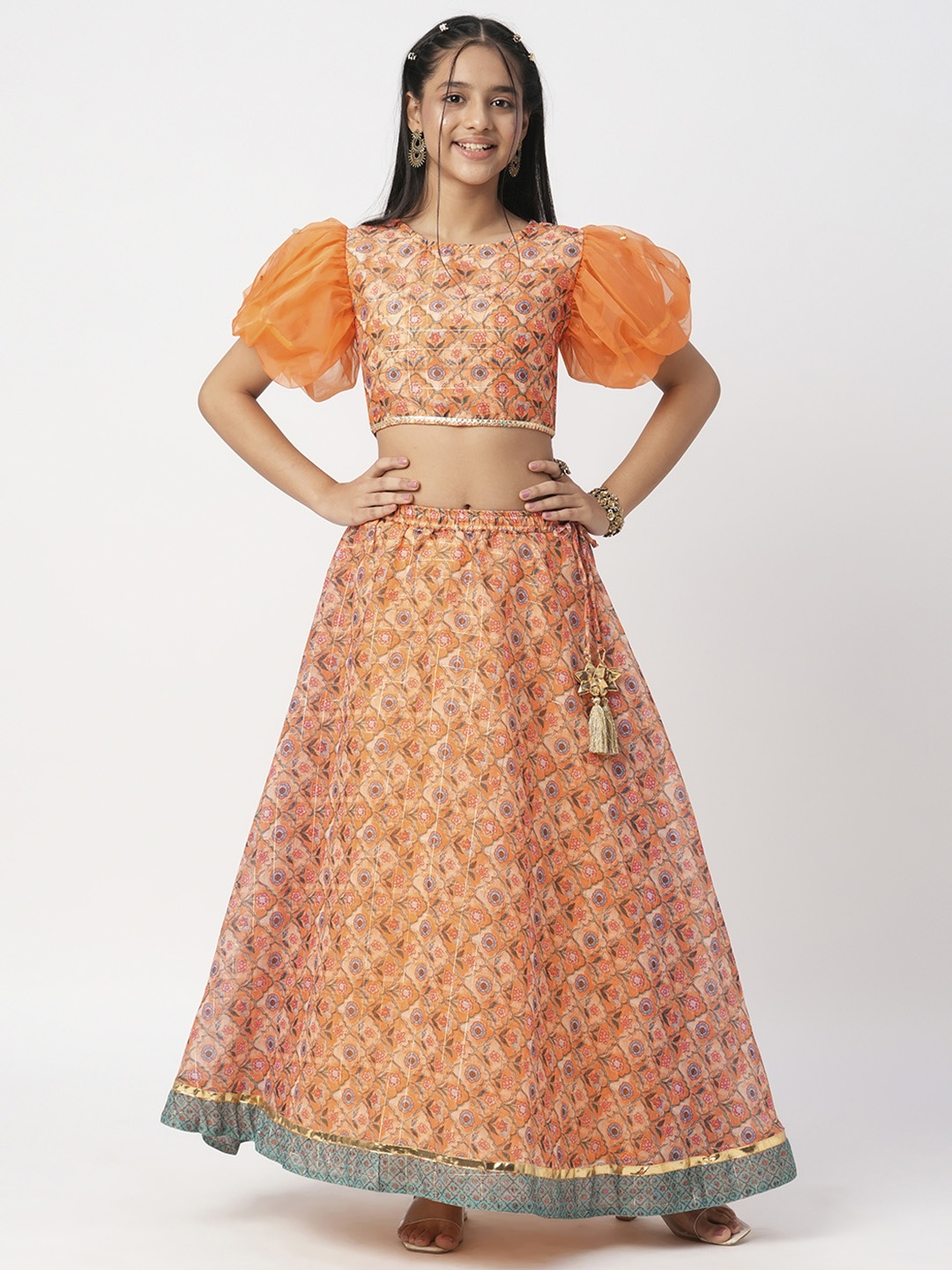 

LIL DRAMA Girls Printed Ready to Wear Lehenga & Choli, Orange