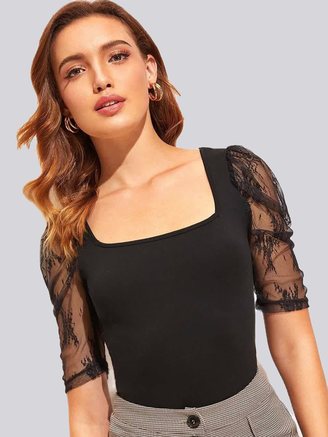 

ELYRAA Square Neck Puff Sleeves Fitted Top, Black