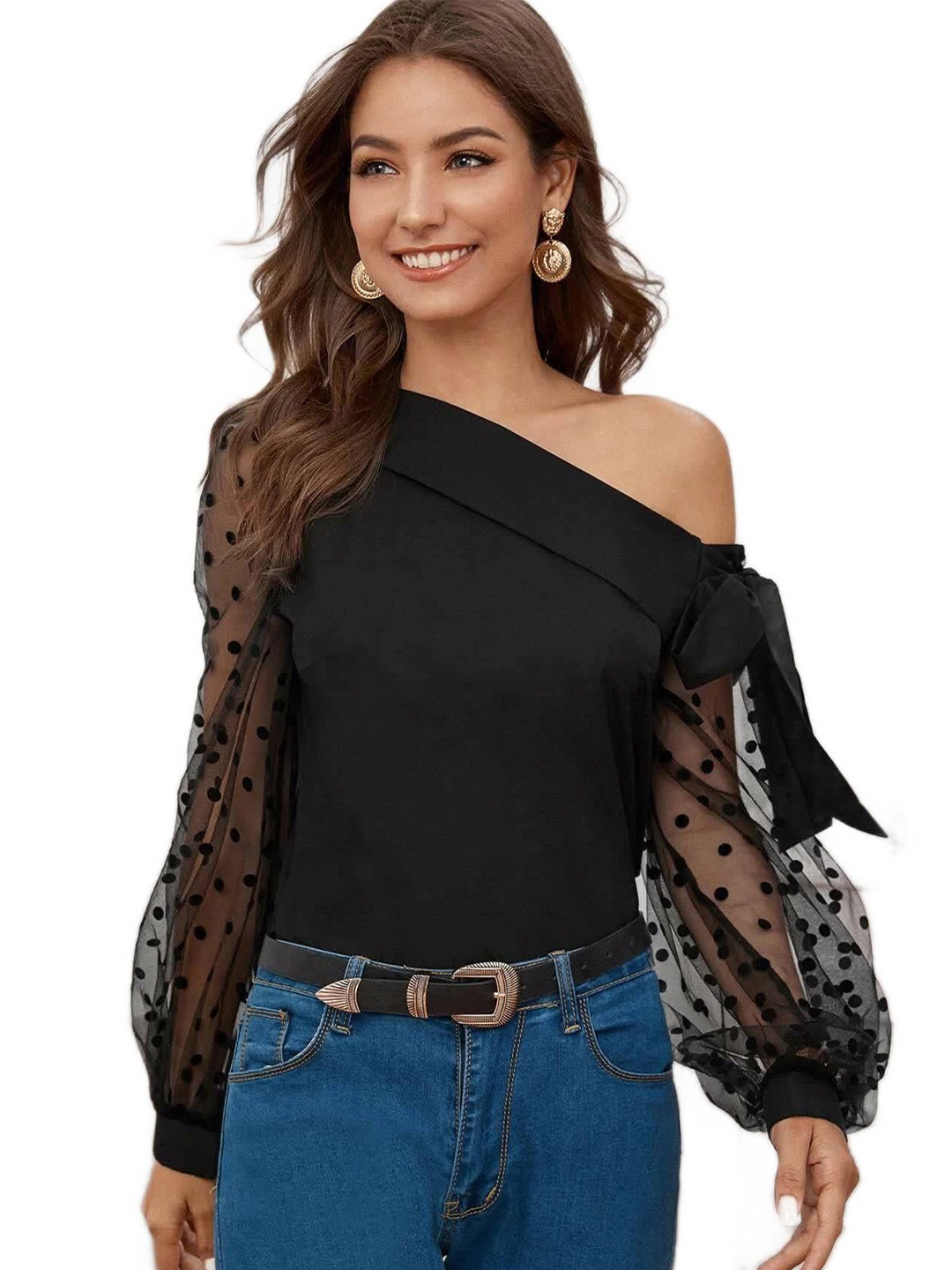 

ELYRAA One Shoulder Bishop Sleeves Regular Top, Black