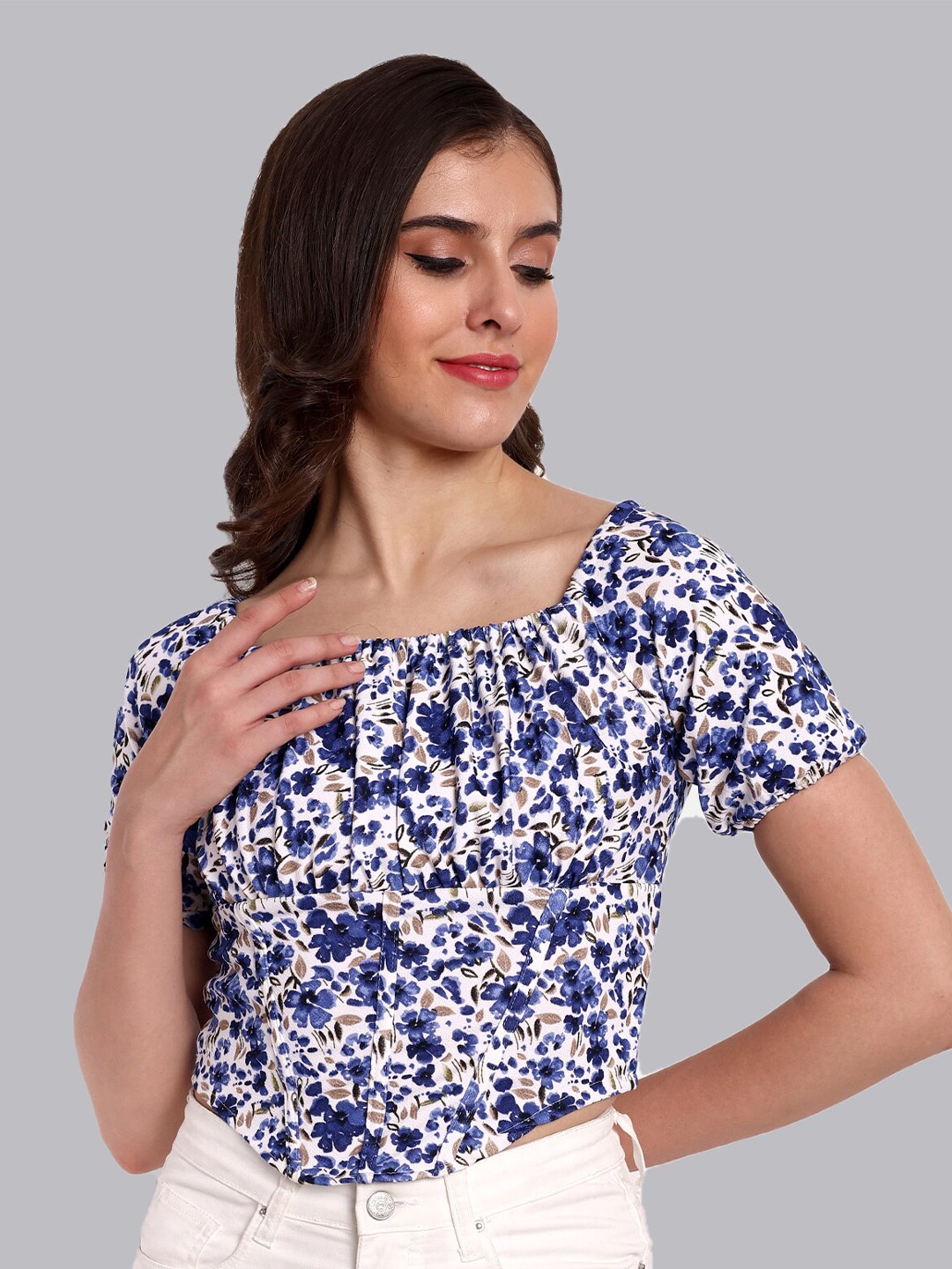 

ELYRAA Floral Printed Puff Sleeve Copped Top, Blue