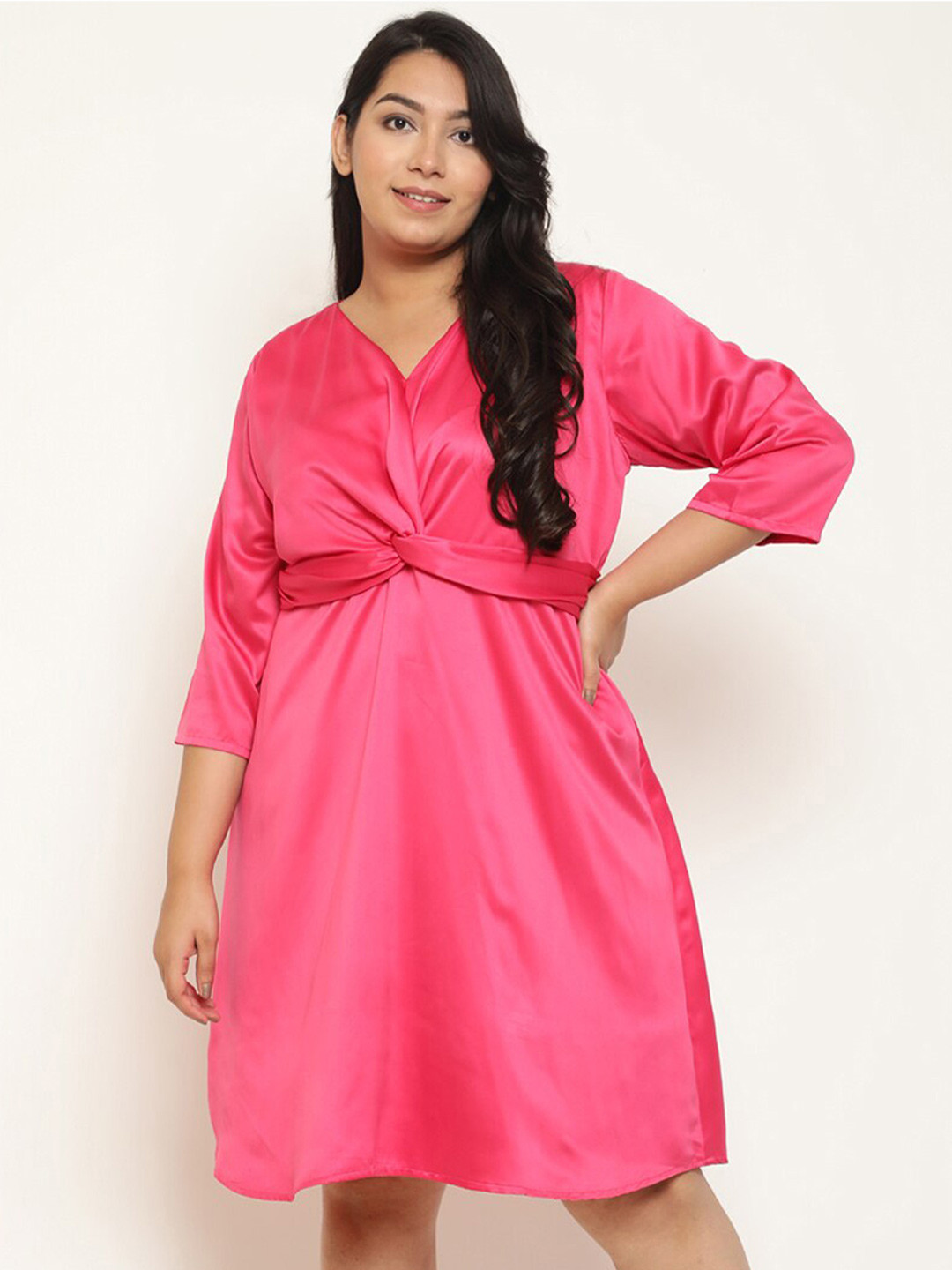 

Amydus Plus Size V-Neck Gathered Detailed Satin A-Line Dress, Pink