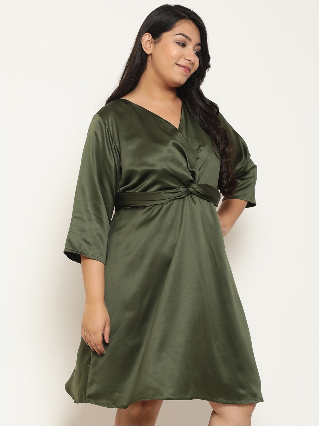 

Amydus Plus Size V-Neck Gathered Detailed Satin A-Line Dress, Olive