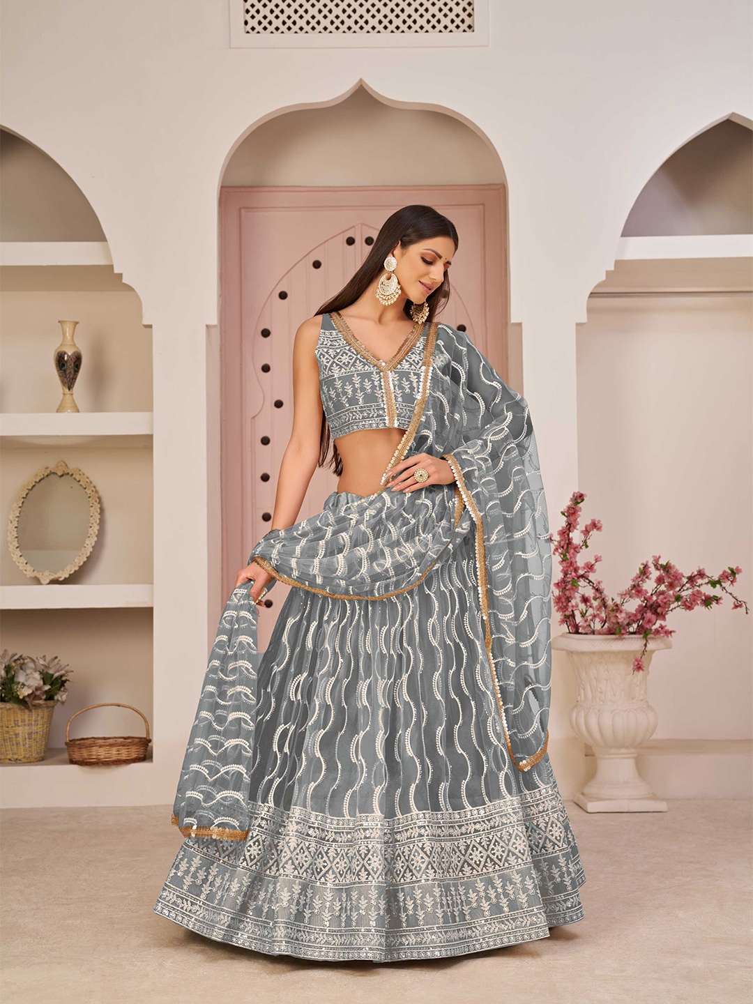 

Panzora Embroidered Sequinned Semi-Stitched Lehenga & Blouse With Dupatta, Grey