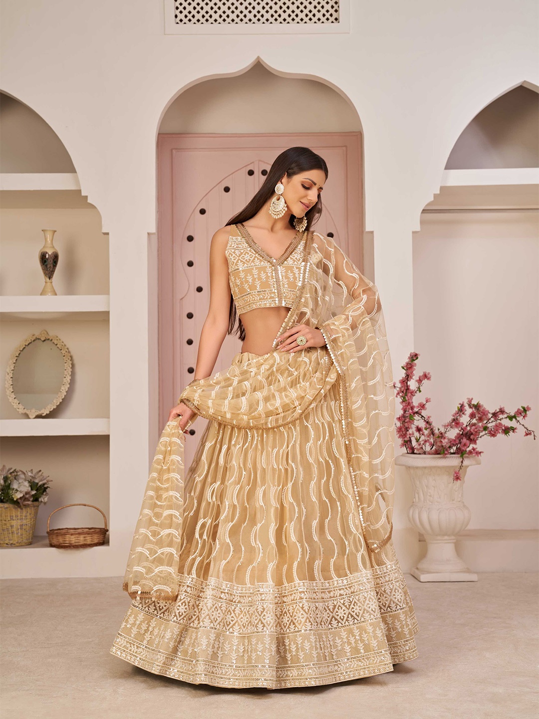 

Panzora Embroidered Sequinned Semi-Stitched Lehenga & Blouse With Dupatta, Beige