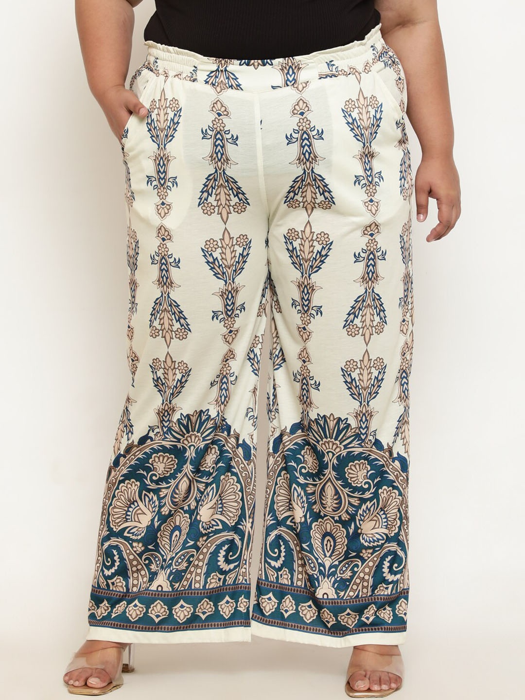

Amydus Women Plus Size Floral Printed High-Rise Loose Fit Parallel Trousers, Cream