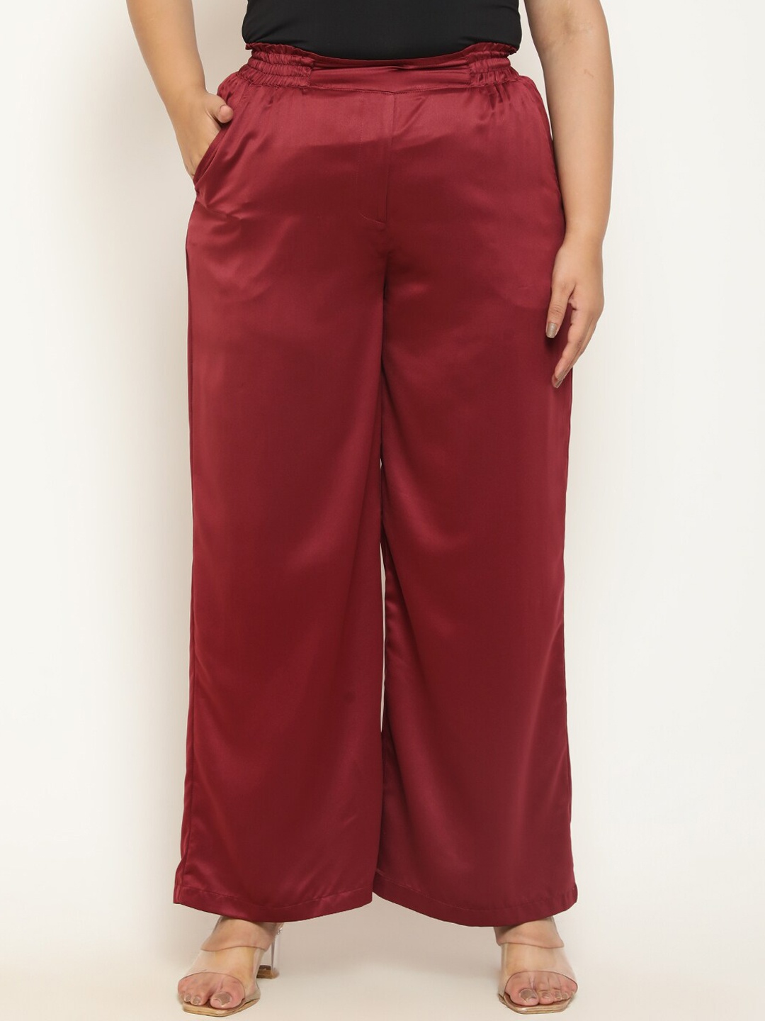 

Amydus Women Plus Size High-Rise Loose Fit Parallel Trousers, Maroon