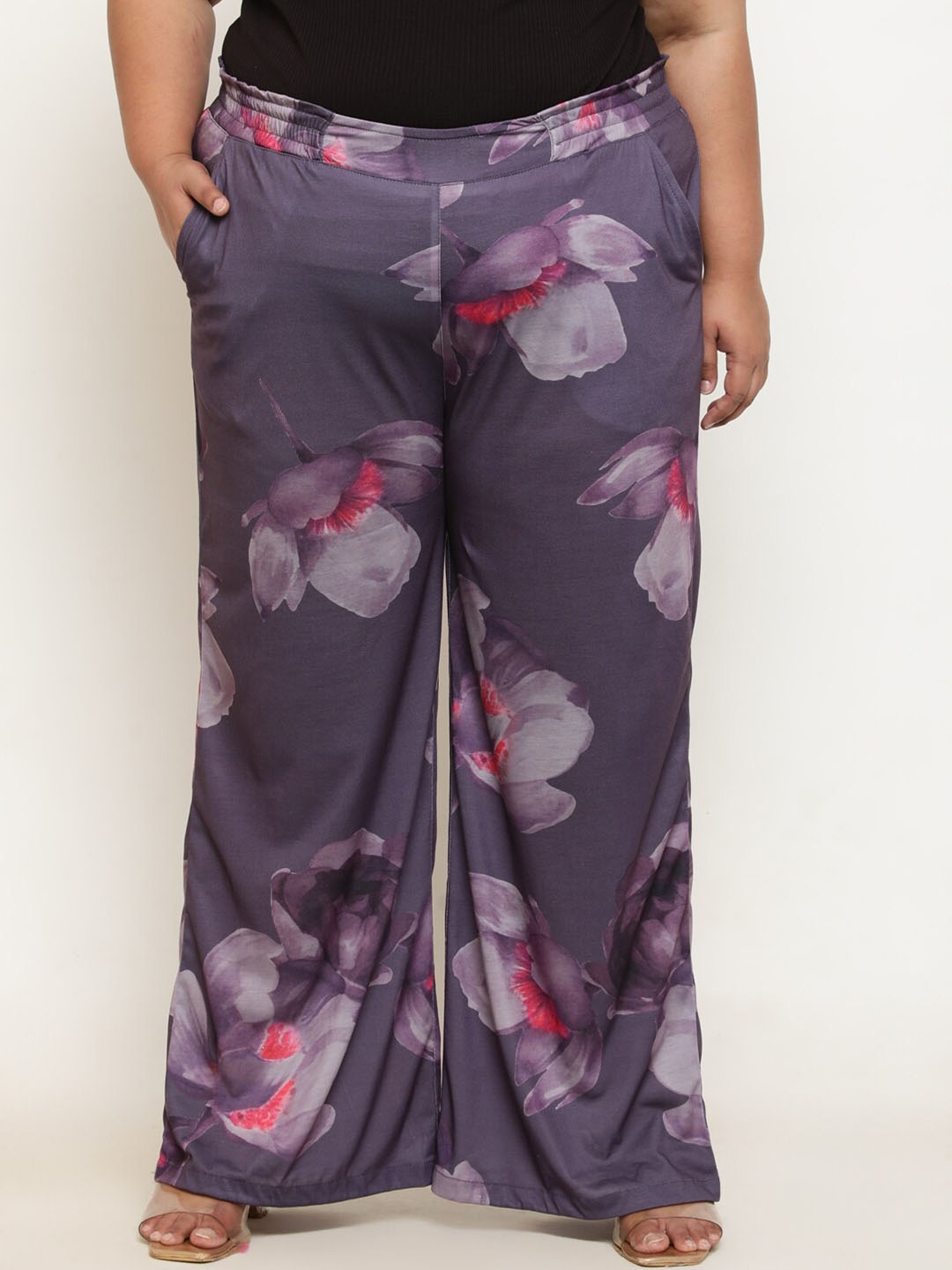 

Amydus Women Plus Size Floral Printed Flared High-Rise Parallel Trousers, Purple