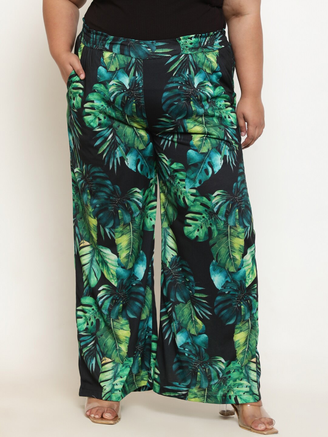 

Amydus Women Plus Size Floral Printed High-Rise Loose Fit Parallel Trousers, Black