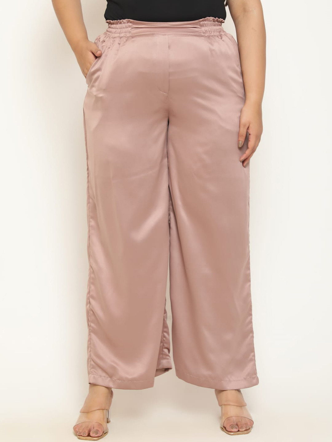

Amydus Women Plus Size High-Rise Loose Fit Parallel Trousers, Pink