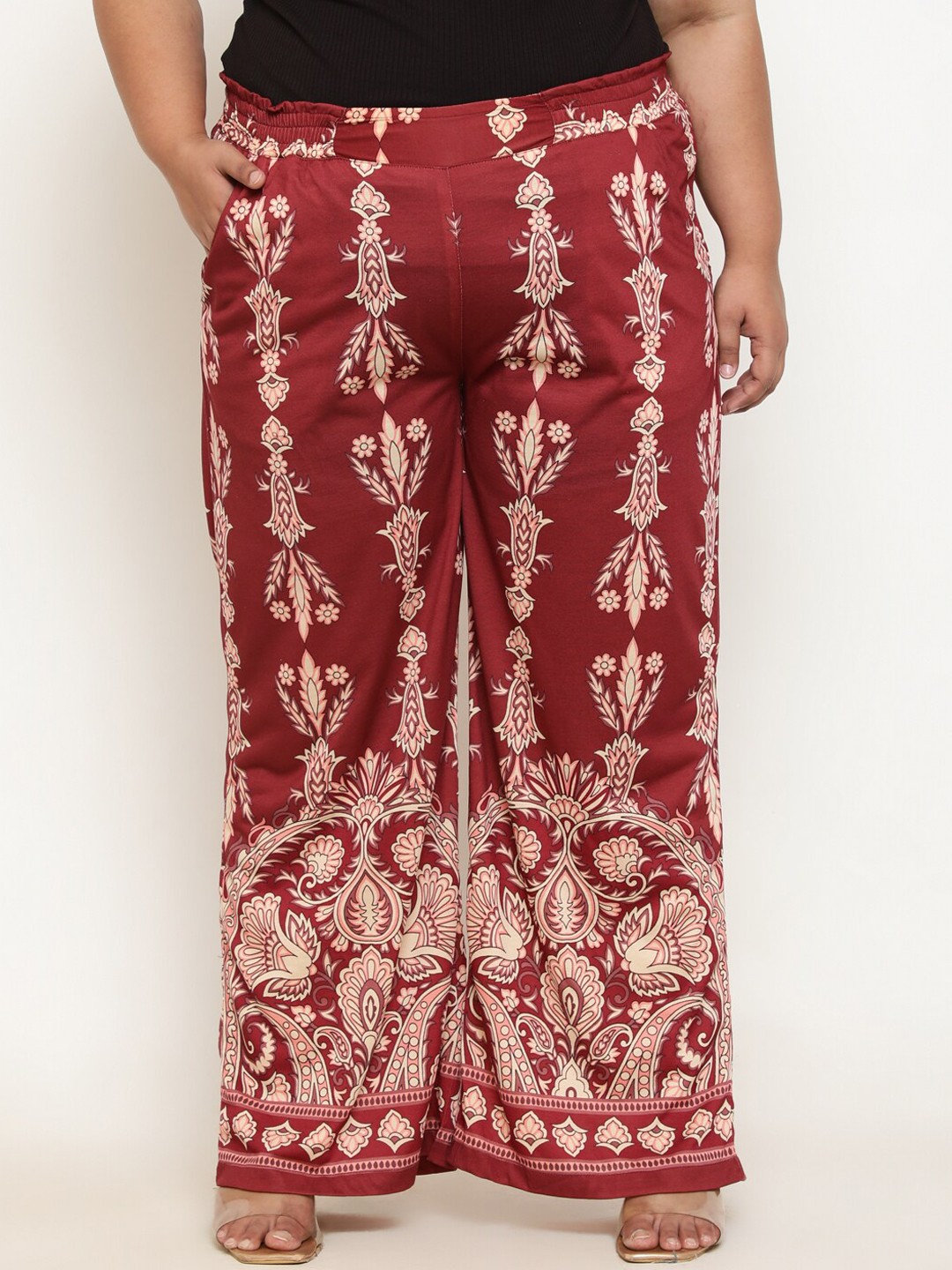 

Amydus Women Plus Size Ethnic Motifs Printed High-Rise Loose Fit Parallel Trousers, Maroon