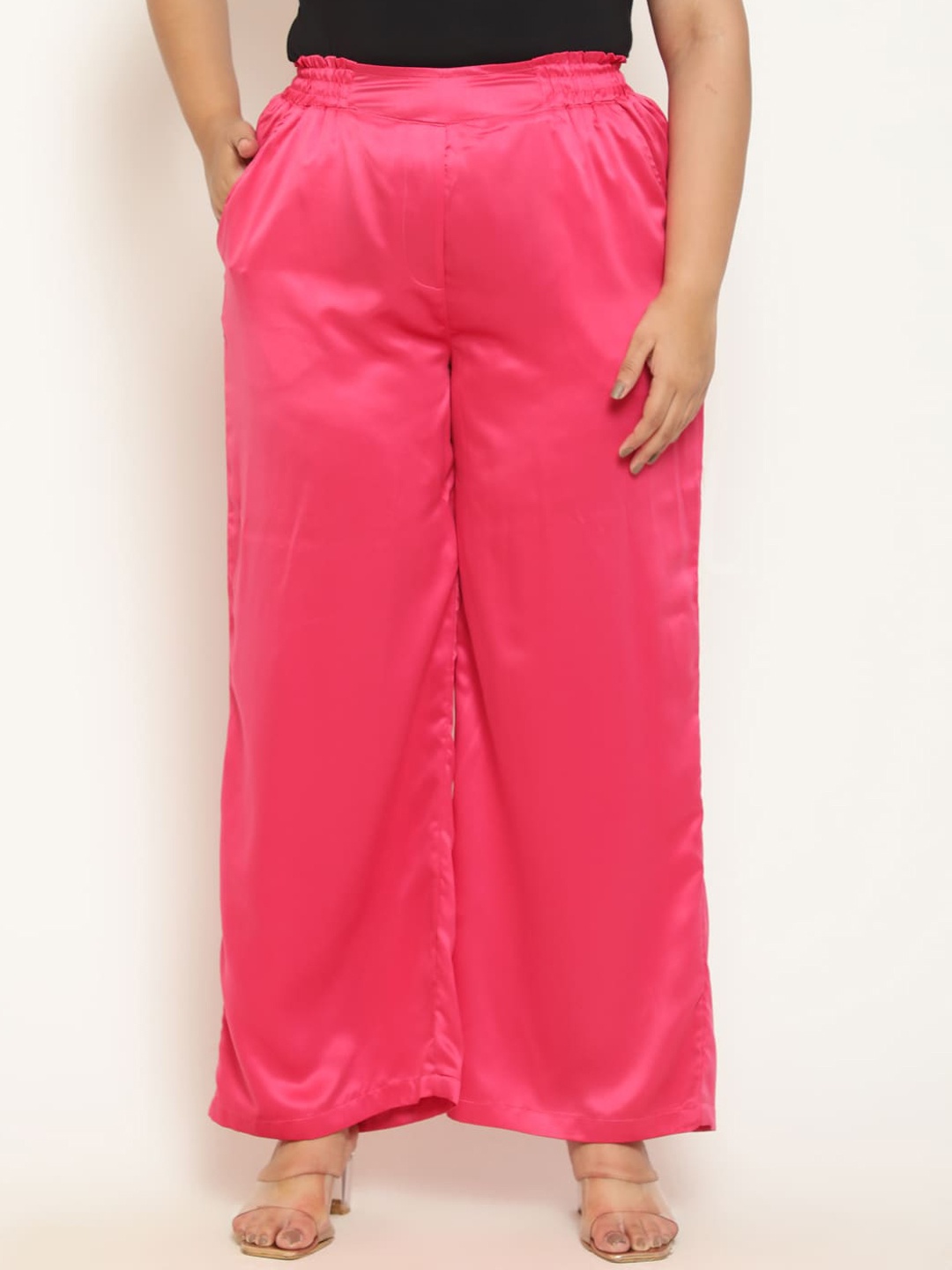 

Amydus Women Plus Size High-Rise Loose Fit Parallel Trousers, Pink