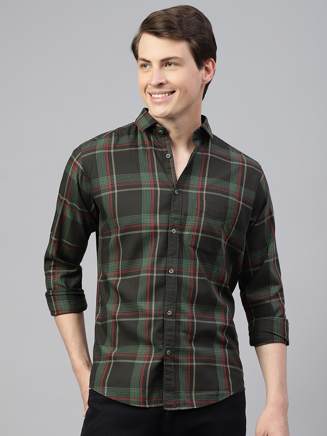 

Richlook Standard Regular Fit Tartan Checked Spread Collar Long Sleeves Casual Shirt, Green
