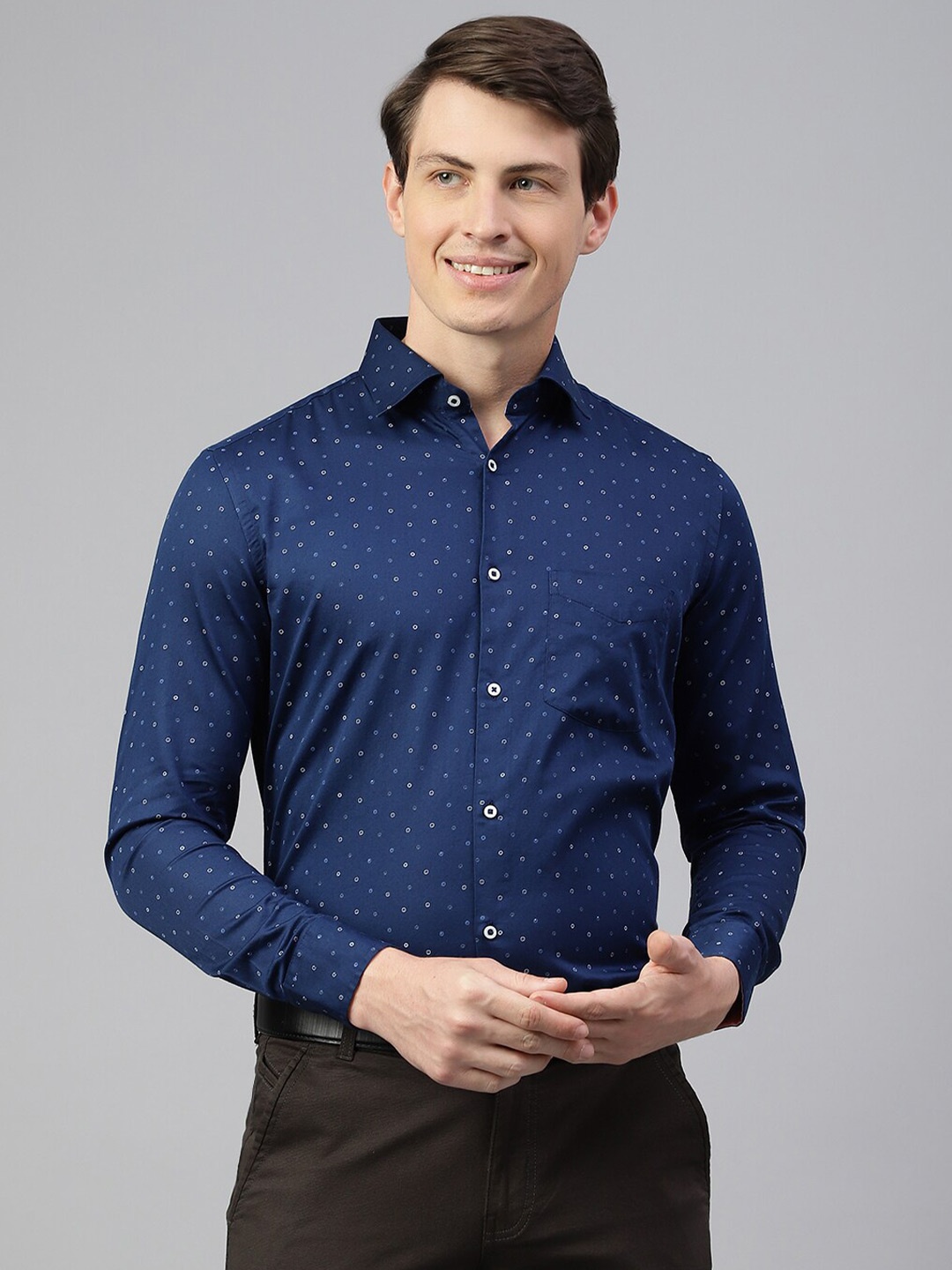 

Richlook Standard Regular Fit Micro Ditsy Printed Spread Collar Long Sleeves Casual Shirt, Navy blue