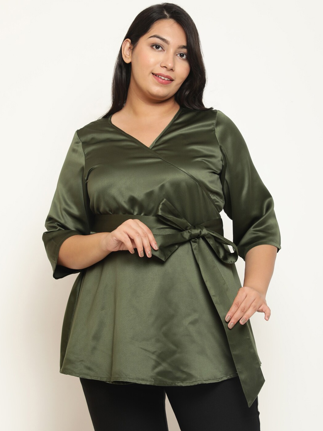 

Amydus Plus Size V-Neck Satin Wrap Top, Olive