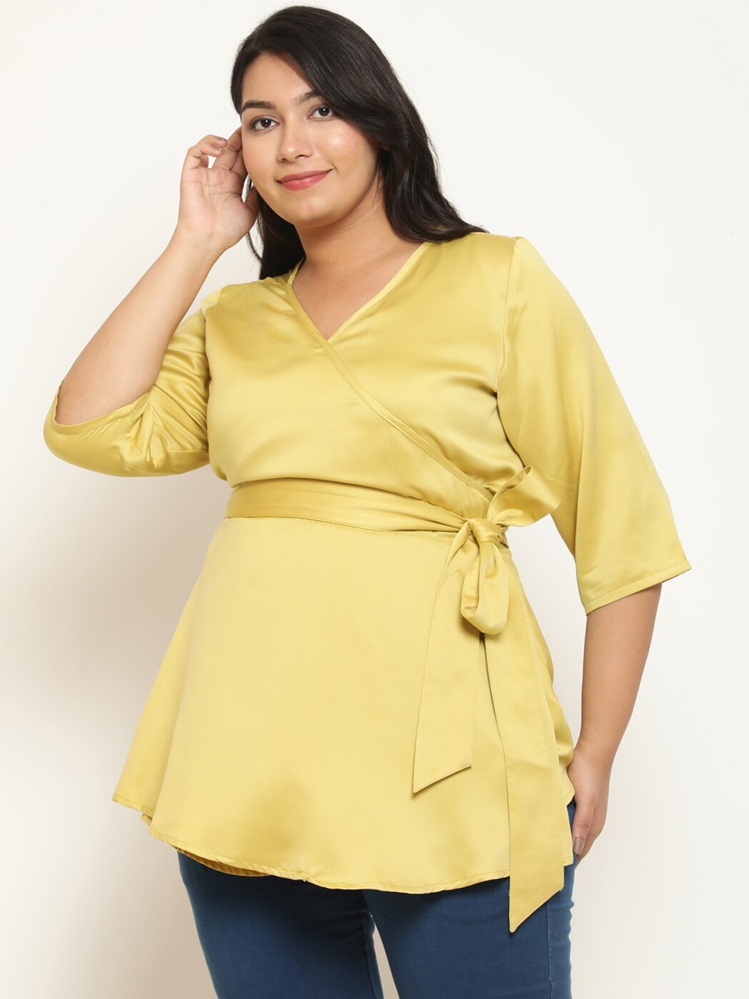 

Amydus Plus Size V-Neck Satin Wrap Top, Yellow