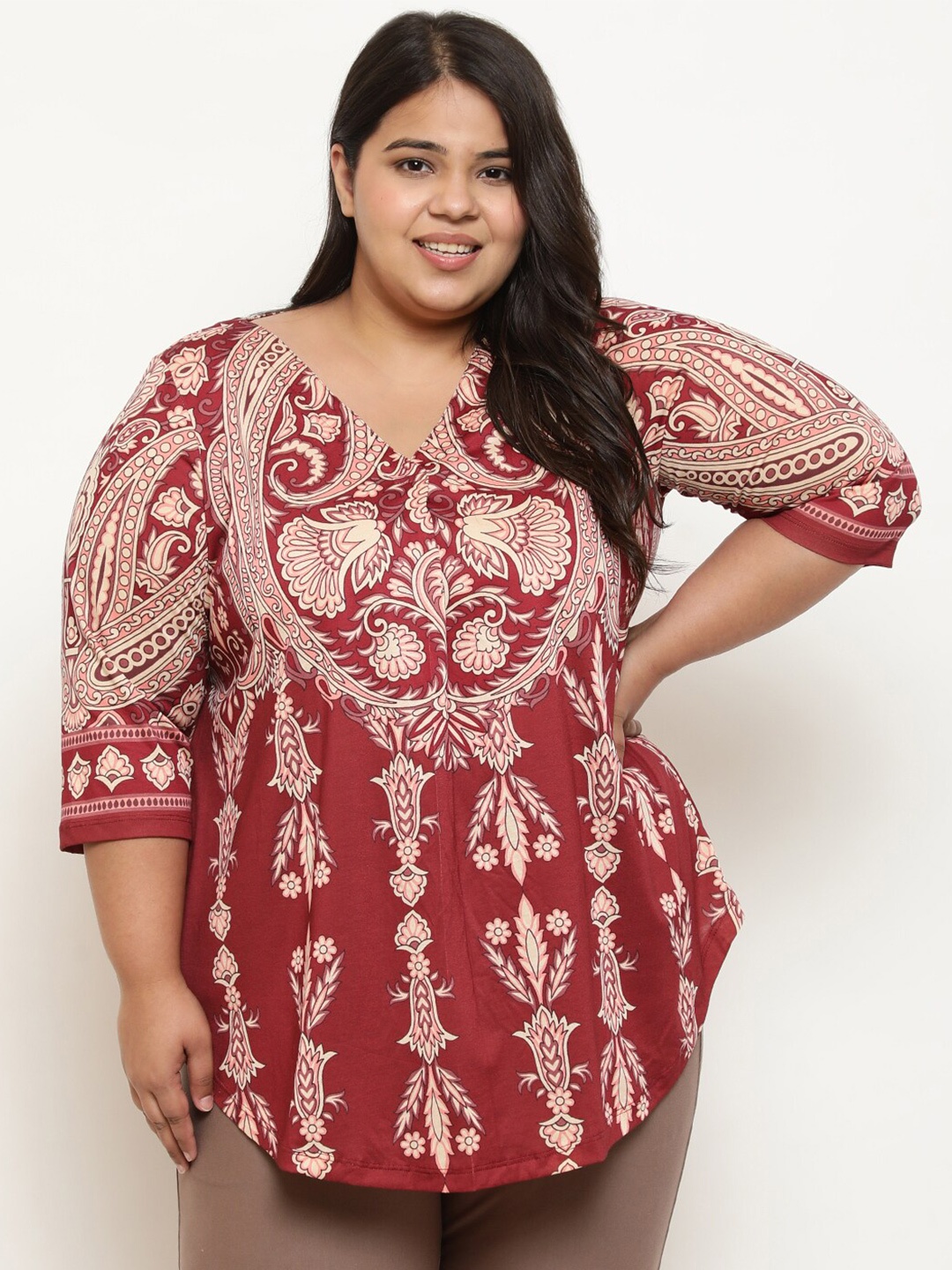 

Amydus Plus Size Ethnic Motifs Printed Top, Maroon