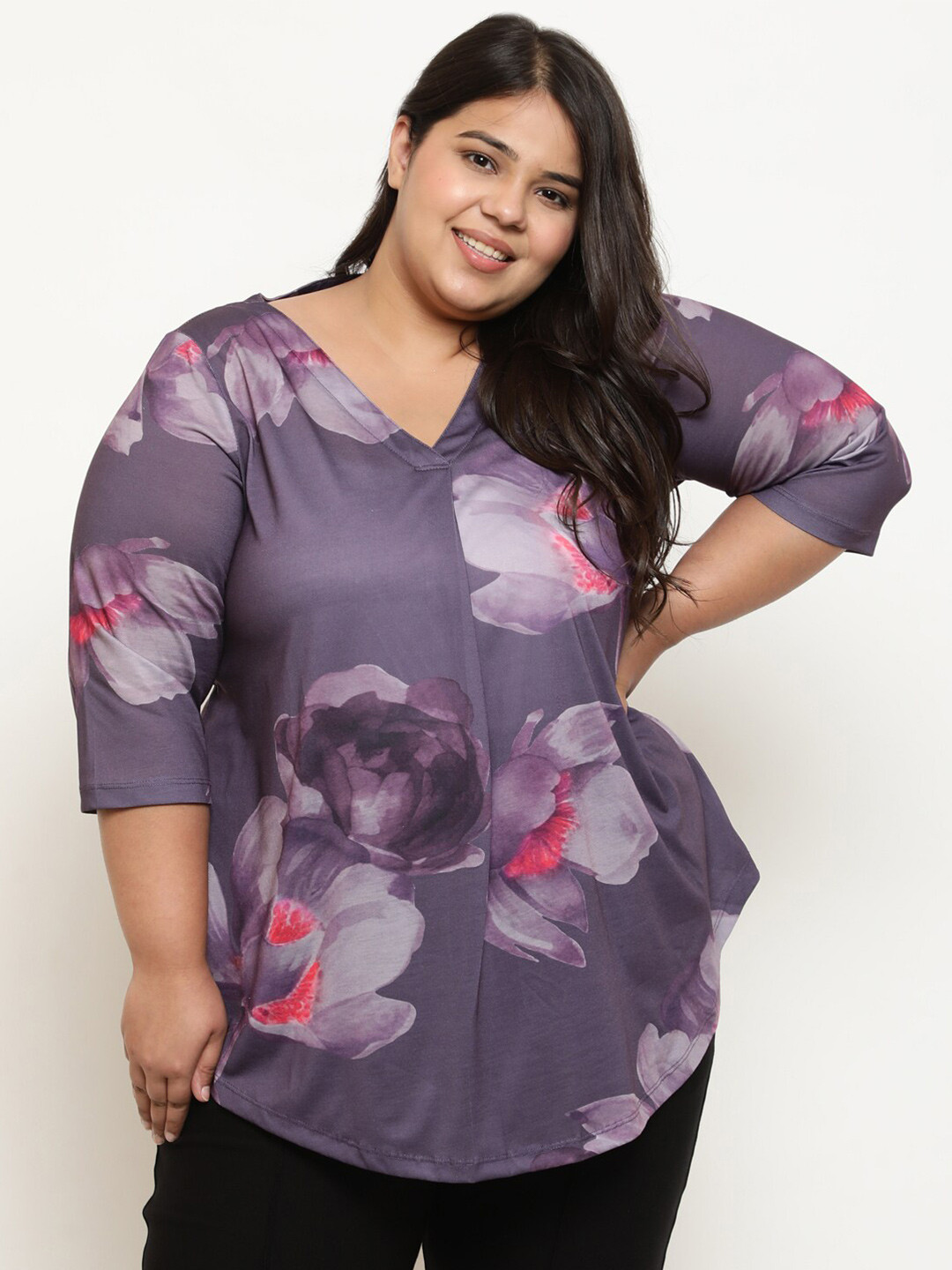 

Amydus Plus Size Floral Printed V-Neck Top, Purple