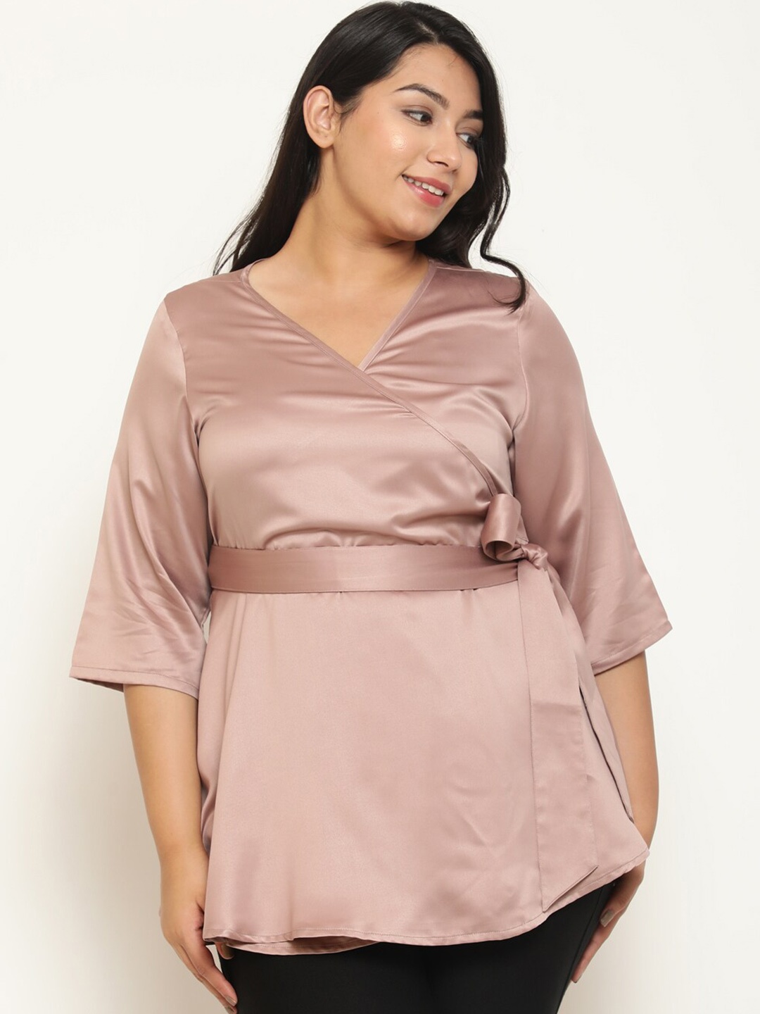 

Amydus Plus Size V-Neck Satin Wrap Top, Pink