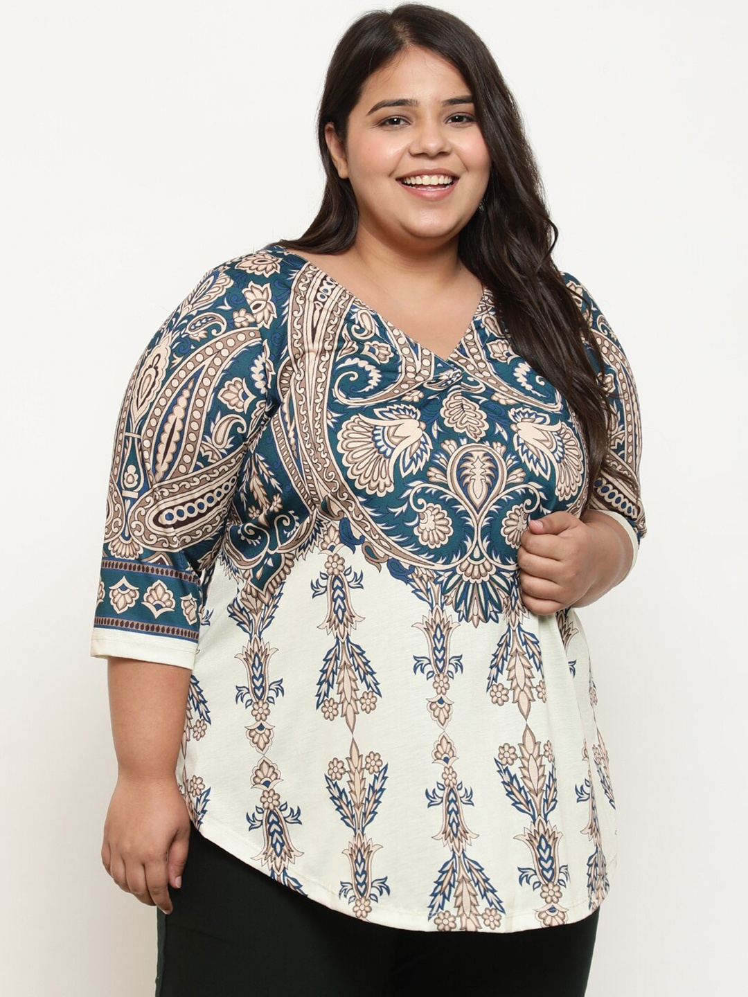 

Amydus Plus Size Ethnic Motifs Printed V-Neck Regular Top, Cream