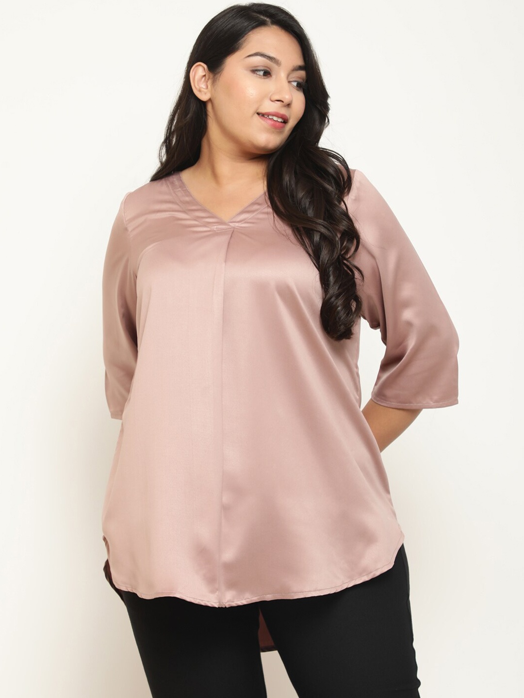 

Amydus Plus Size V-Neck Satin A-Line Top, Rose gold