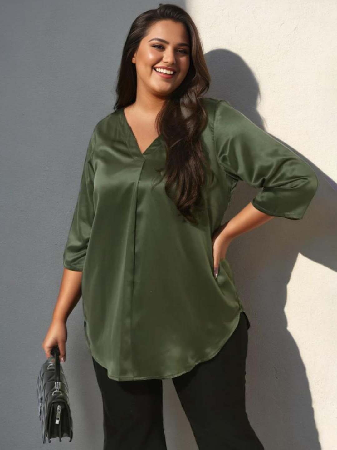 

Amydus Plus Size V-Neck Satin Top, Olive