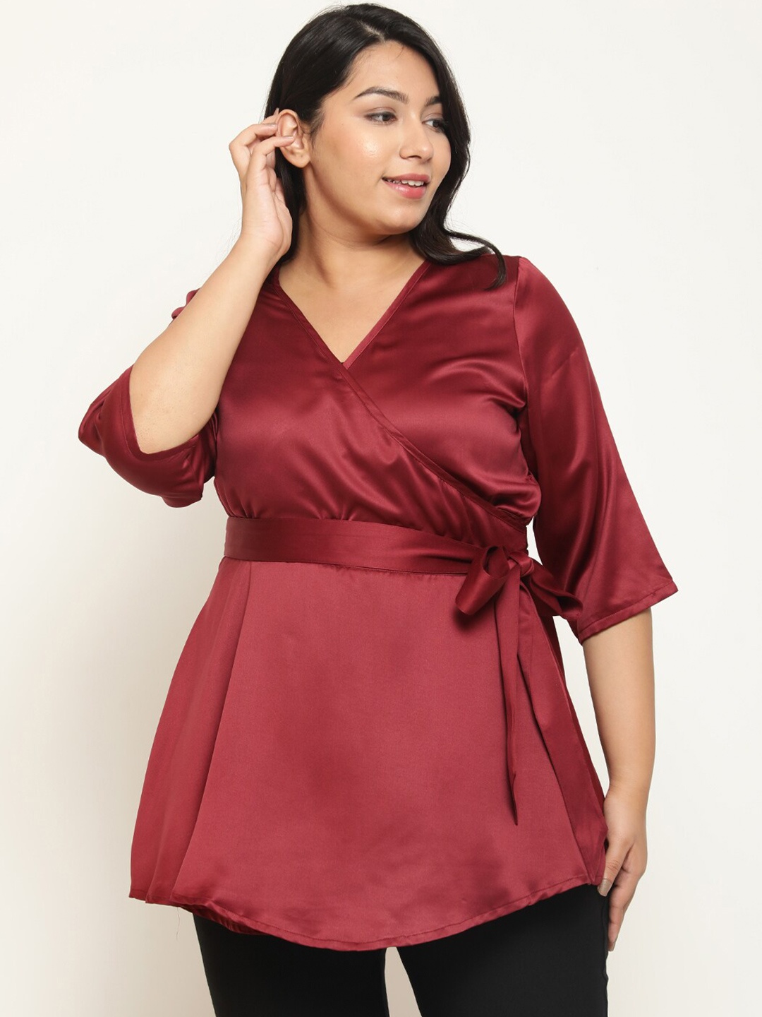 

Amydus Plus Size V-Neck Tie Up Satin Wrap Top, Maroon