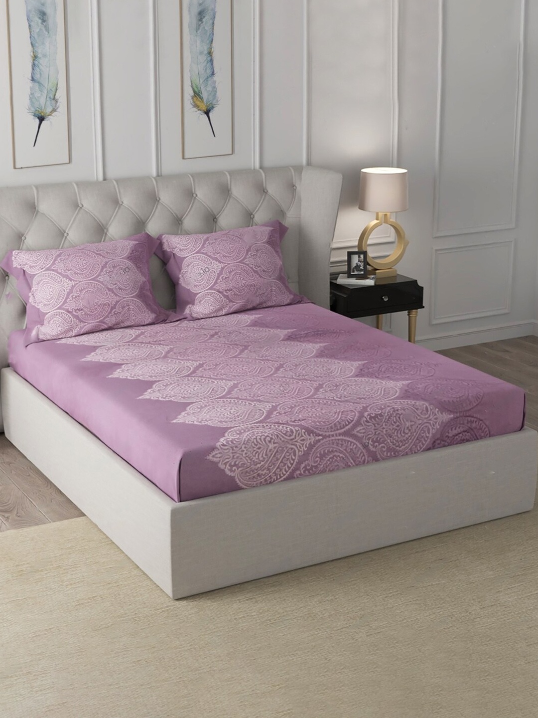 

Cloth Fusion Cotton 180 TC Fitted King Bedsheet With 2 Pillow Covers, Lavender