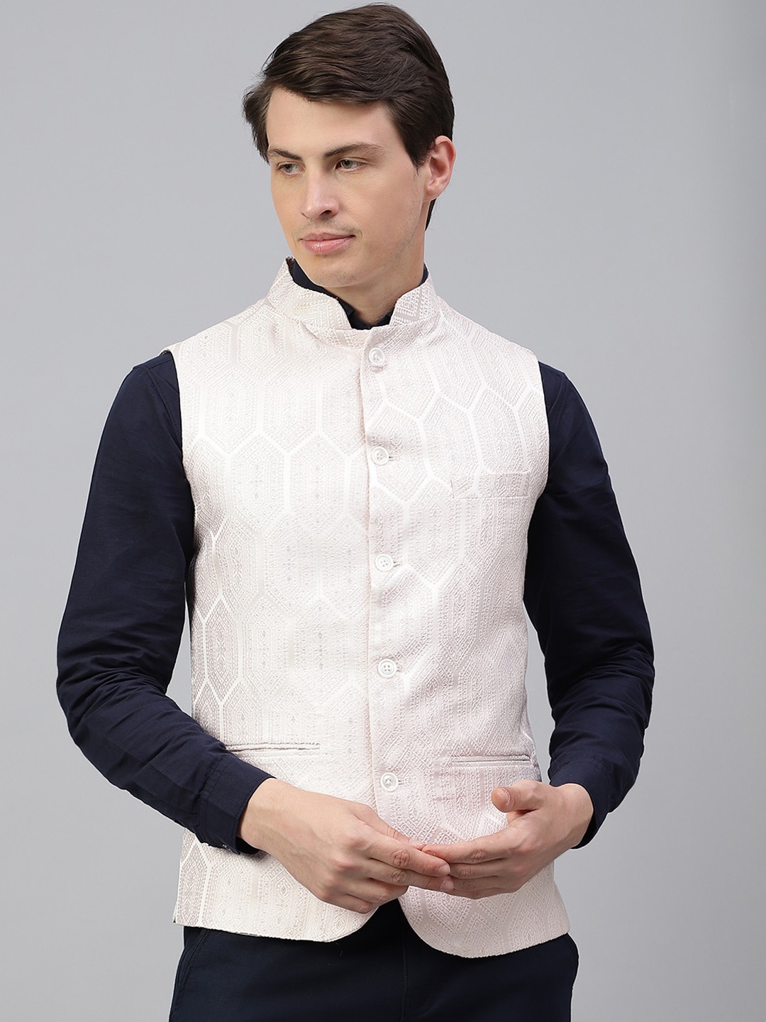

Richlook Ethnic Motifs Woven Design Nehru Jacket, Cream