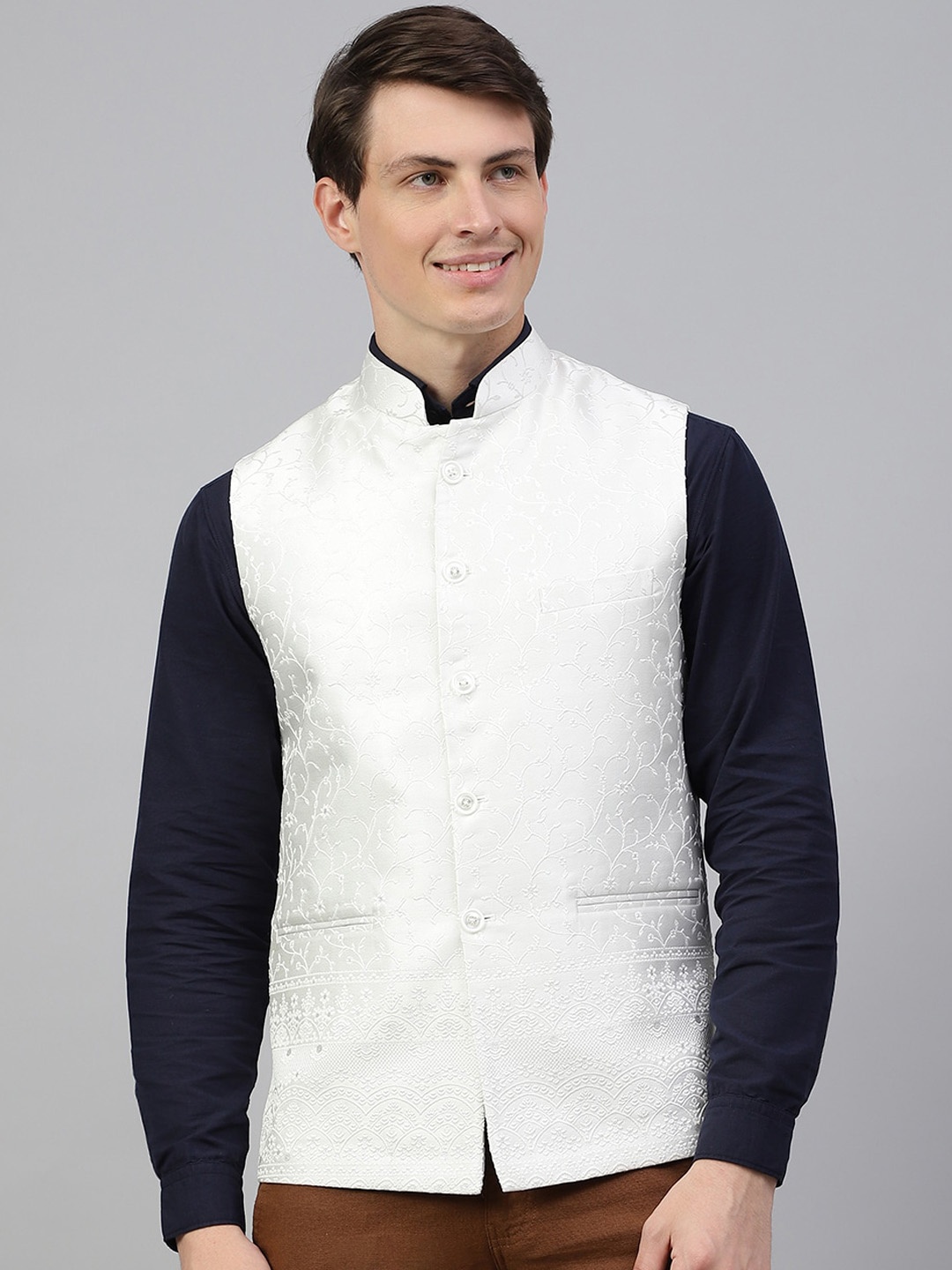 

Richlook Woven Design Mandarin Collar Nehru Jacket, White