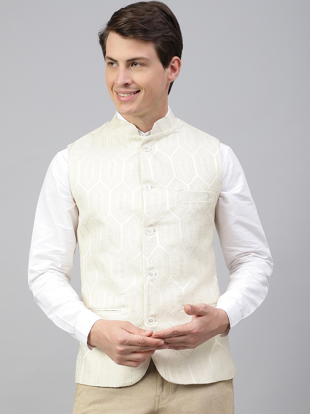 

Richlook Woven Design Mandarin Collar Nehru Jacket, Cream