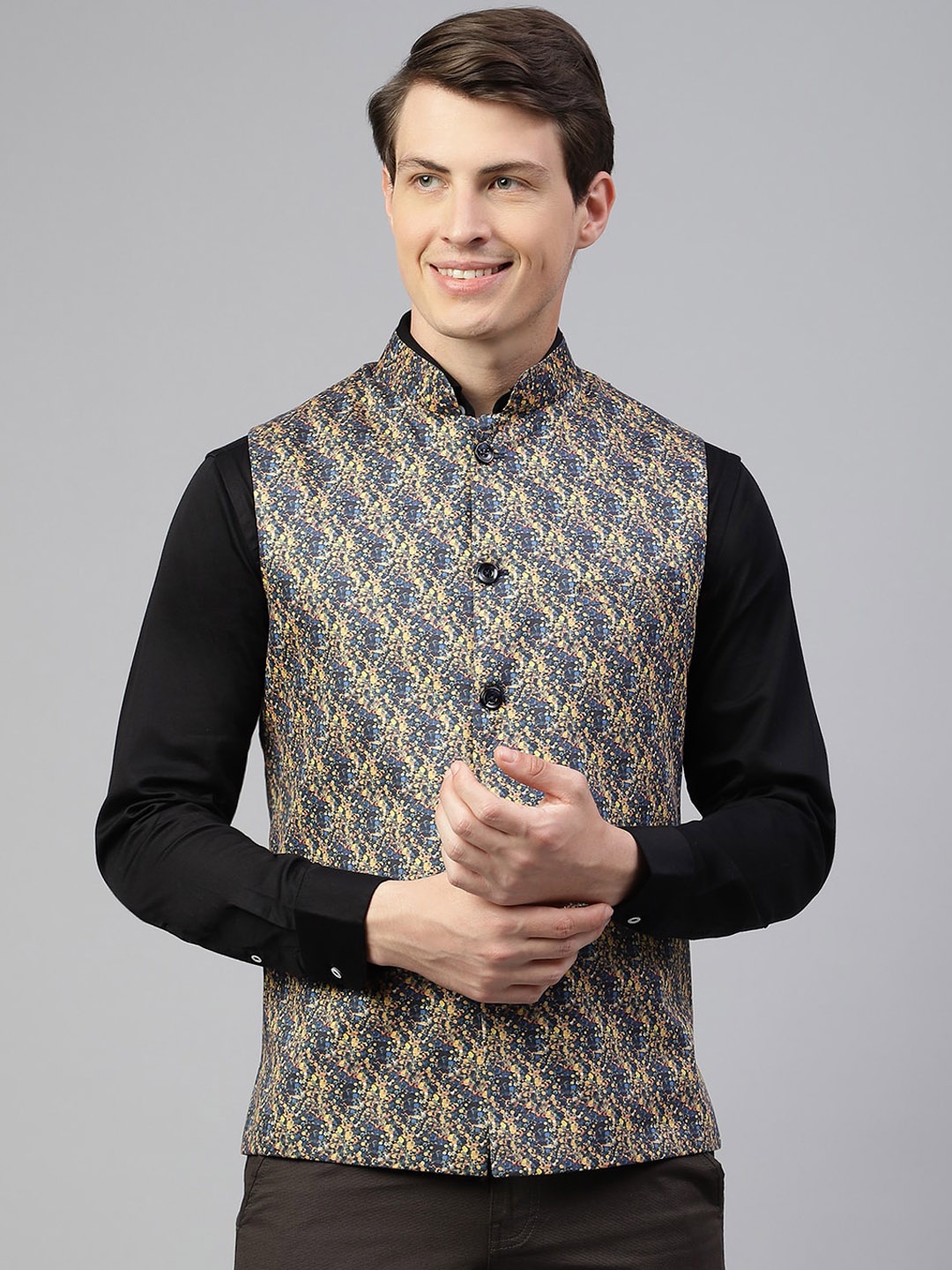 

Richlook Woven Design Mandarin Collar Nehru Jacket, Blue