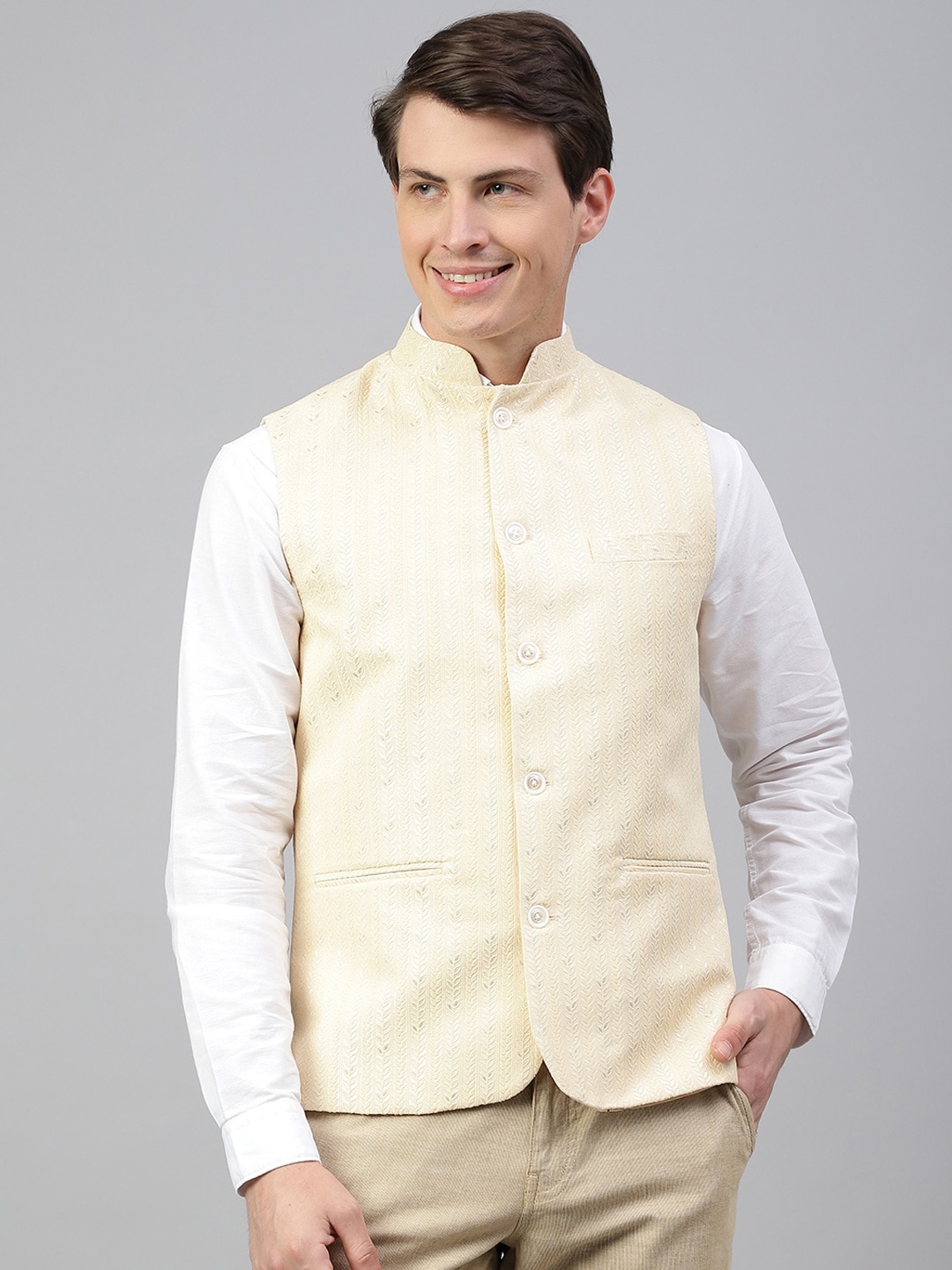 

Richlook Woven Design Mandarin Collar Nehru Jacket, Cream