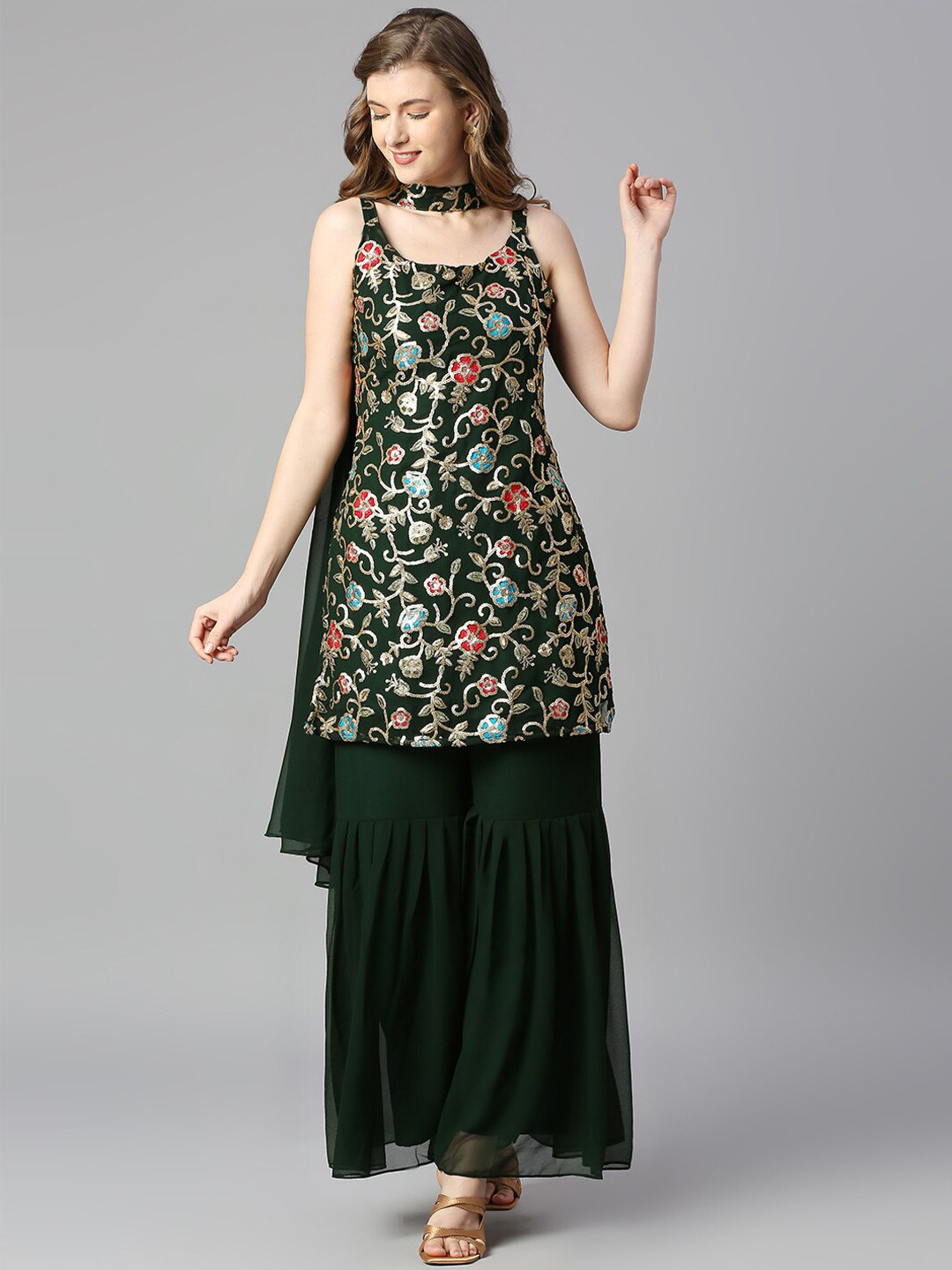 

BLACK SCISSOR Floral Embroidered Sequinned Straight Kurta & Sharara With Dupatta, Green