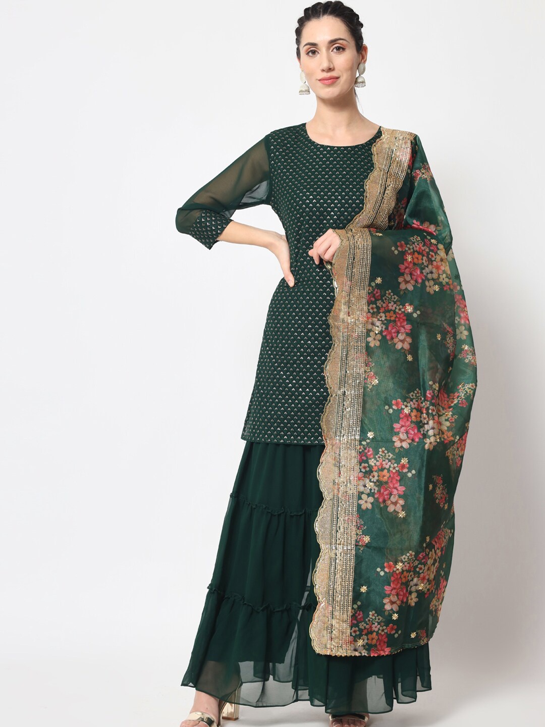 

BLACK SCISSOR Ethnic Motifs Embroidered Sequinned Georgette Kurta Set, Green