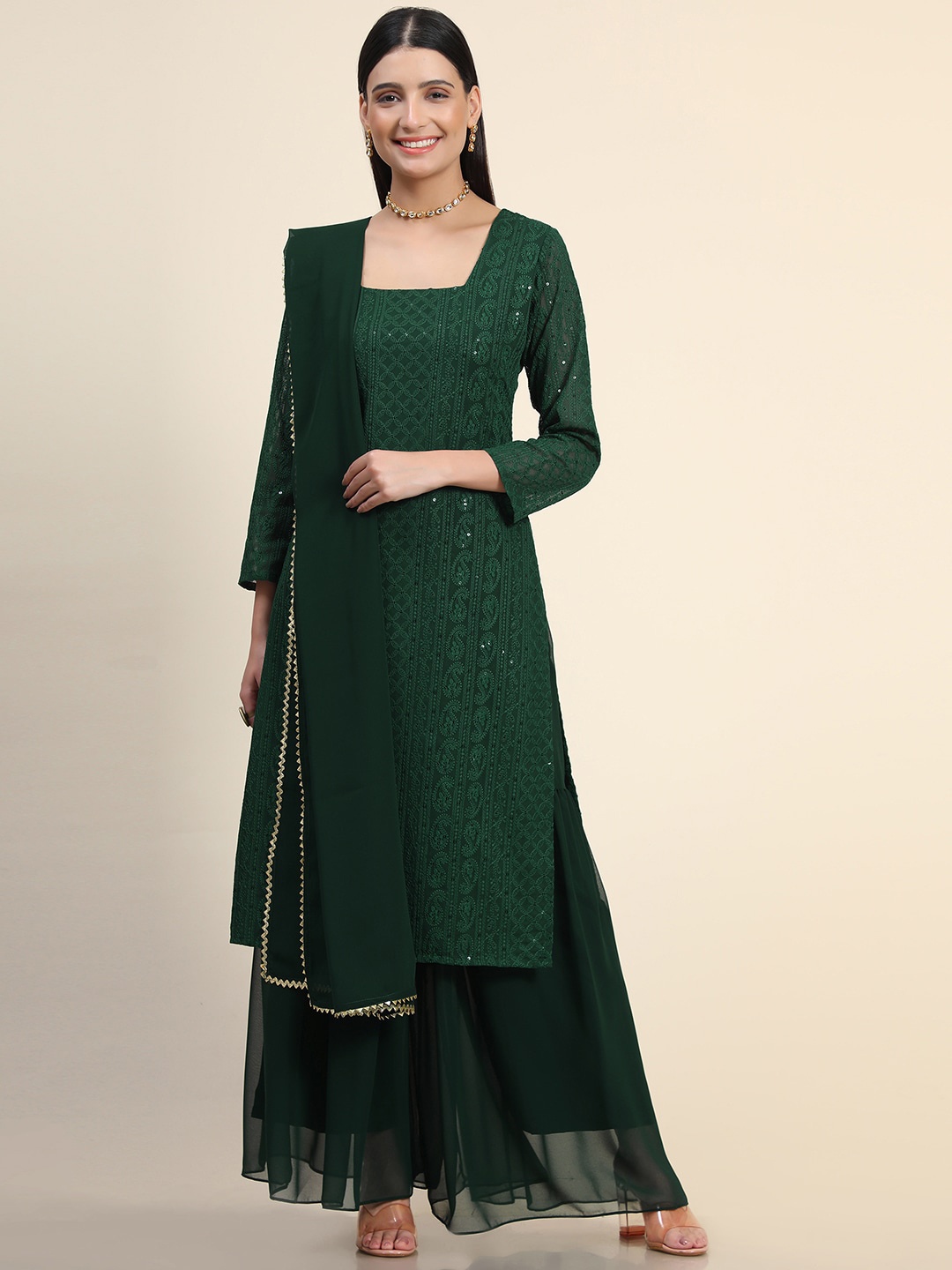 

BLACK SCISSOR Ethnic Motifs Embroidered Sequinned Straight Kurta & Sharara With Dupatta, Green