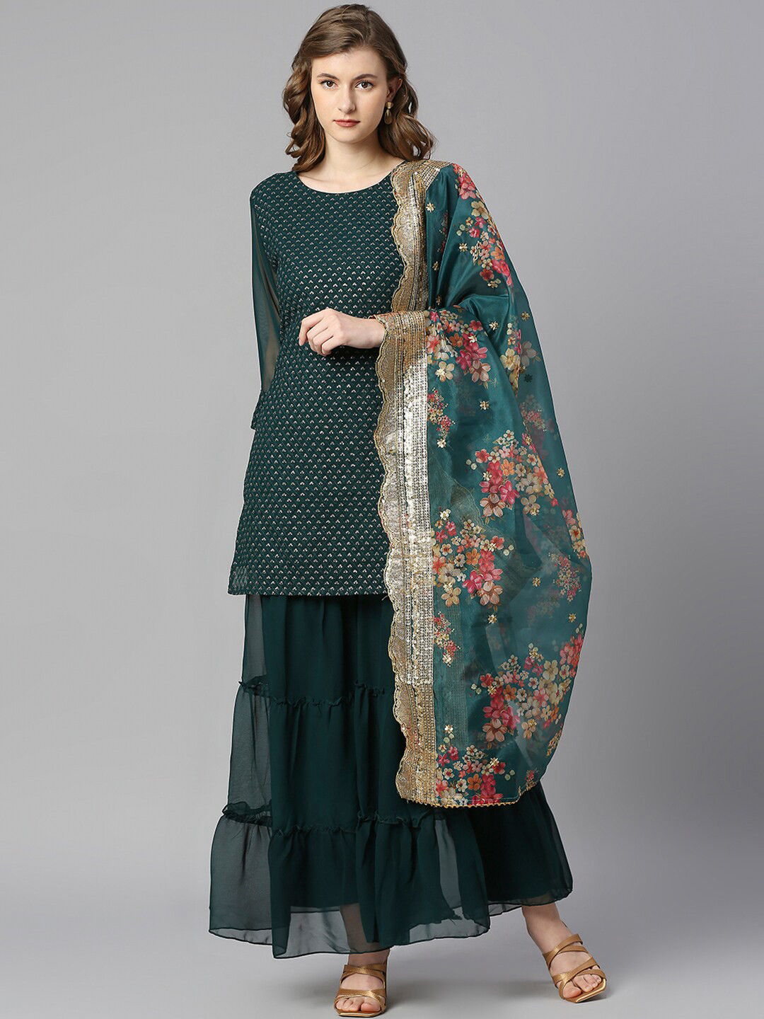 

BLACK SCISSOR Ethnic Motifs Embroidered Sequinned Straight Kurta & Sharara With Dupatta, Teal