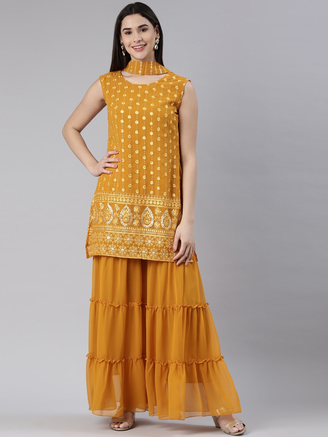 

BLACK SCISSOR Ethnic Motifs Embroidered Sequinned Straight Kurta & Sharara With Dupatta, Mustard