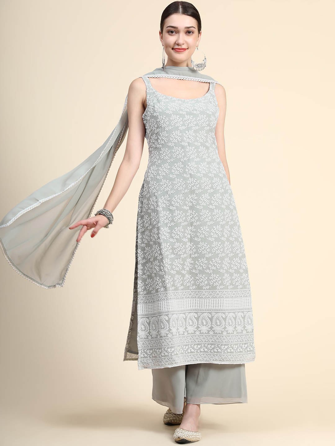 

BLACK SCISSOR Ethnic Motifs Embroidered Thread Work Straight Kurta & Palazzos With Dupatta, Grey