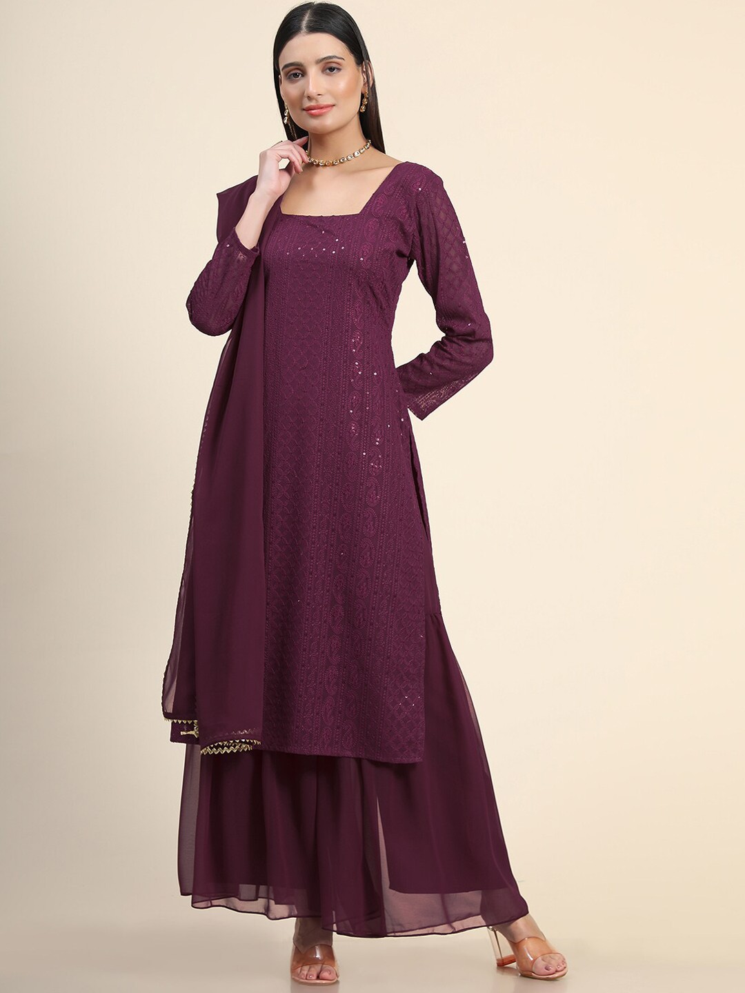 

BLACK SCISSOR Ethnic Motifs Embroidered Sequinned Straight Kurta & Sharara With Dupatta, Burgundy